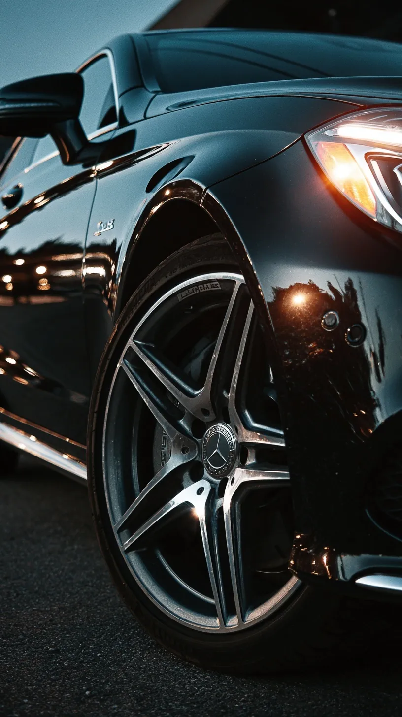 Close-up of a black Mercedes-Benz wheel and fender at sunset on a beach, featuring glossy paint and silver rims.