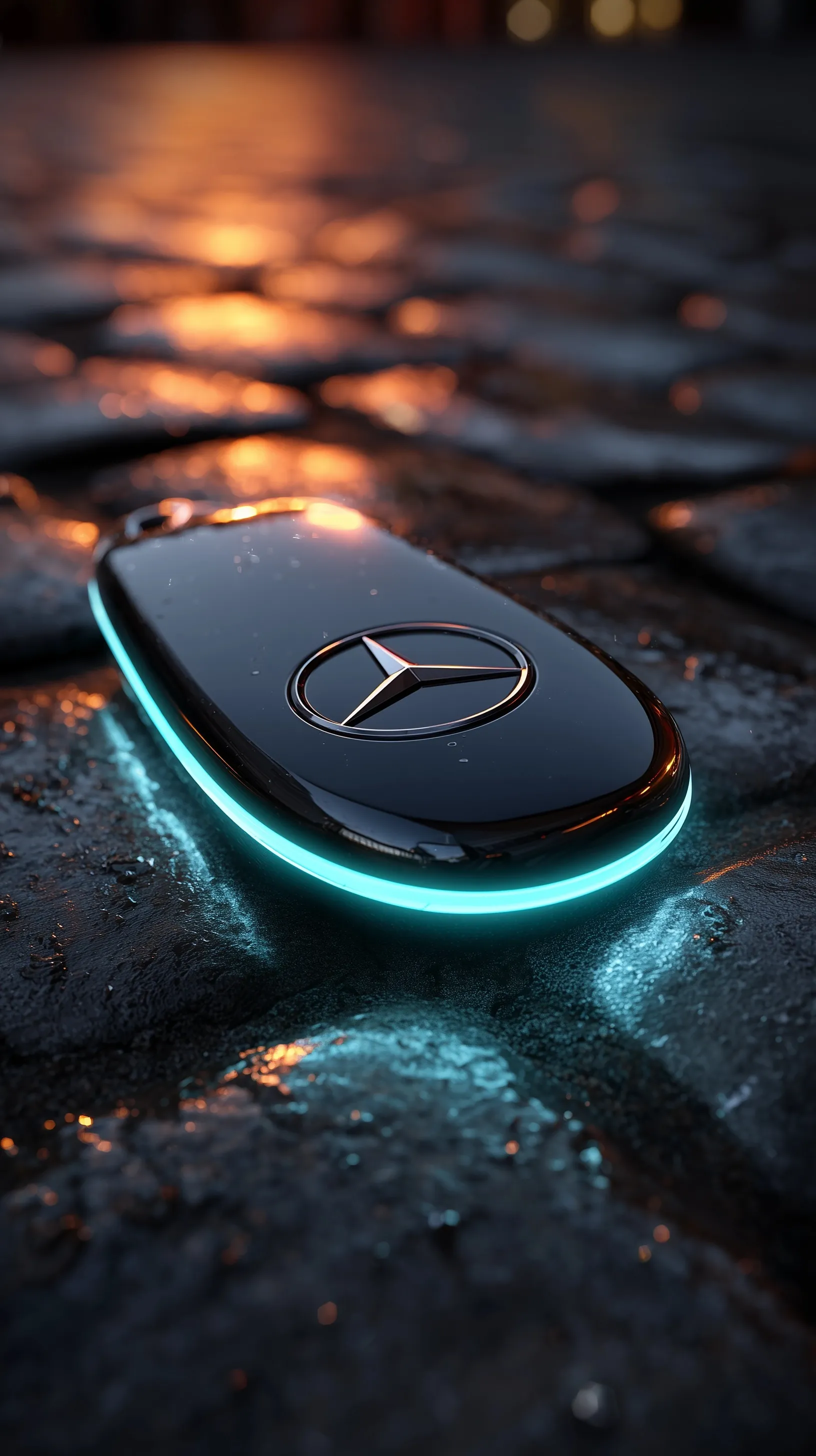 Futuristic Mercedes smart key with glowing cyan light on wet cobblestones, cinematic wallpaper for iPhone.