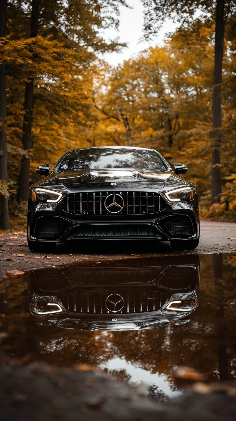 Black Mercedes-AMG GTR parked in front of autumn trees with golden leaves reflecting in a puddle.