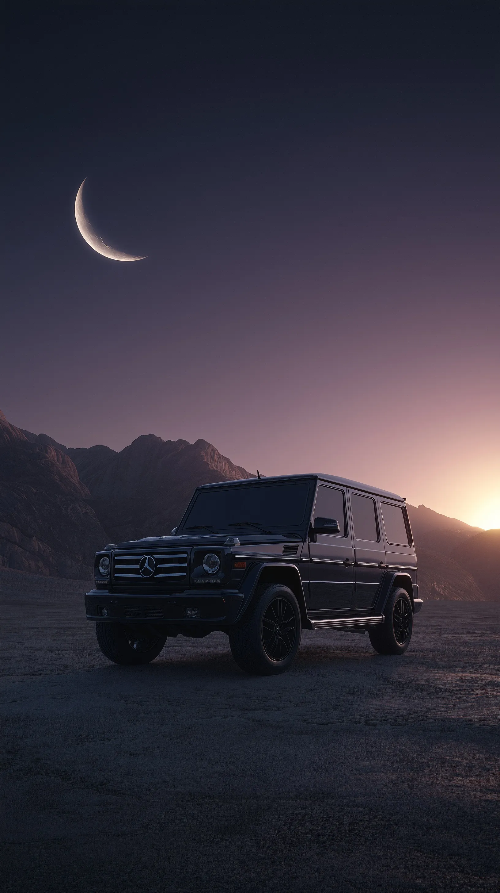 A cinematic Mercedes-Benz G-Class SUV parked in a desert landscape between moonlight and a golden sunrise.