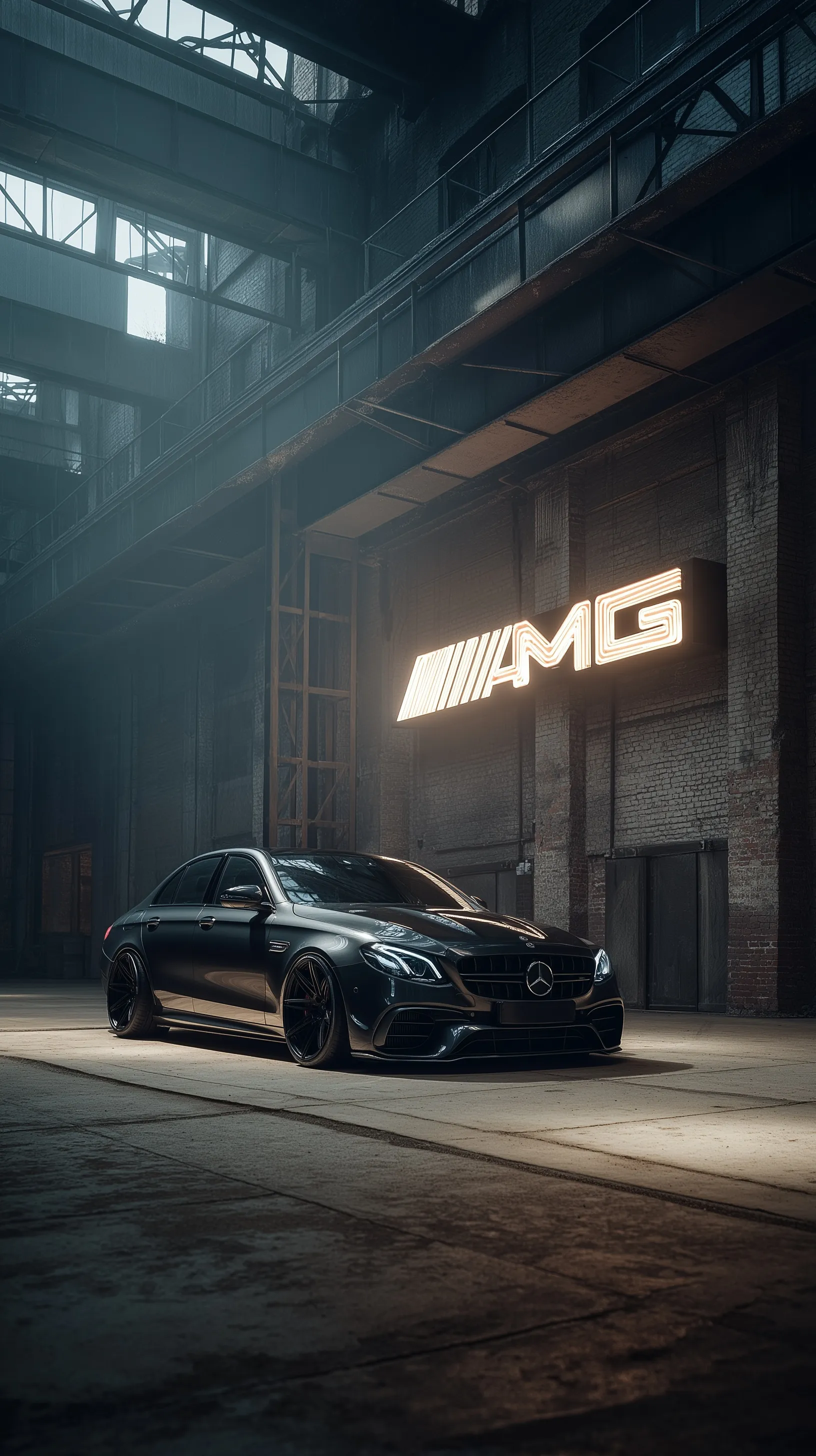 A tuned black Mercedes-Benz E-Class W213 parked in a moody, industrial factory with an illuminated AMG sign.