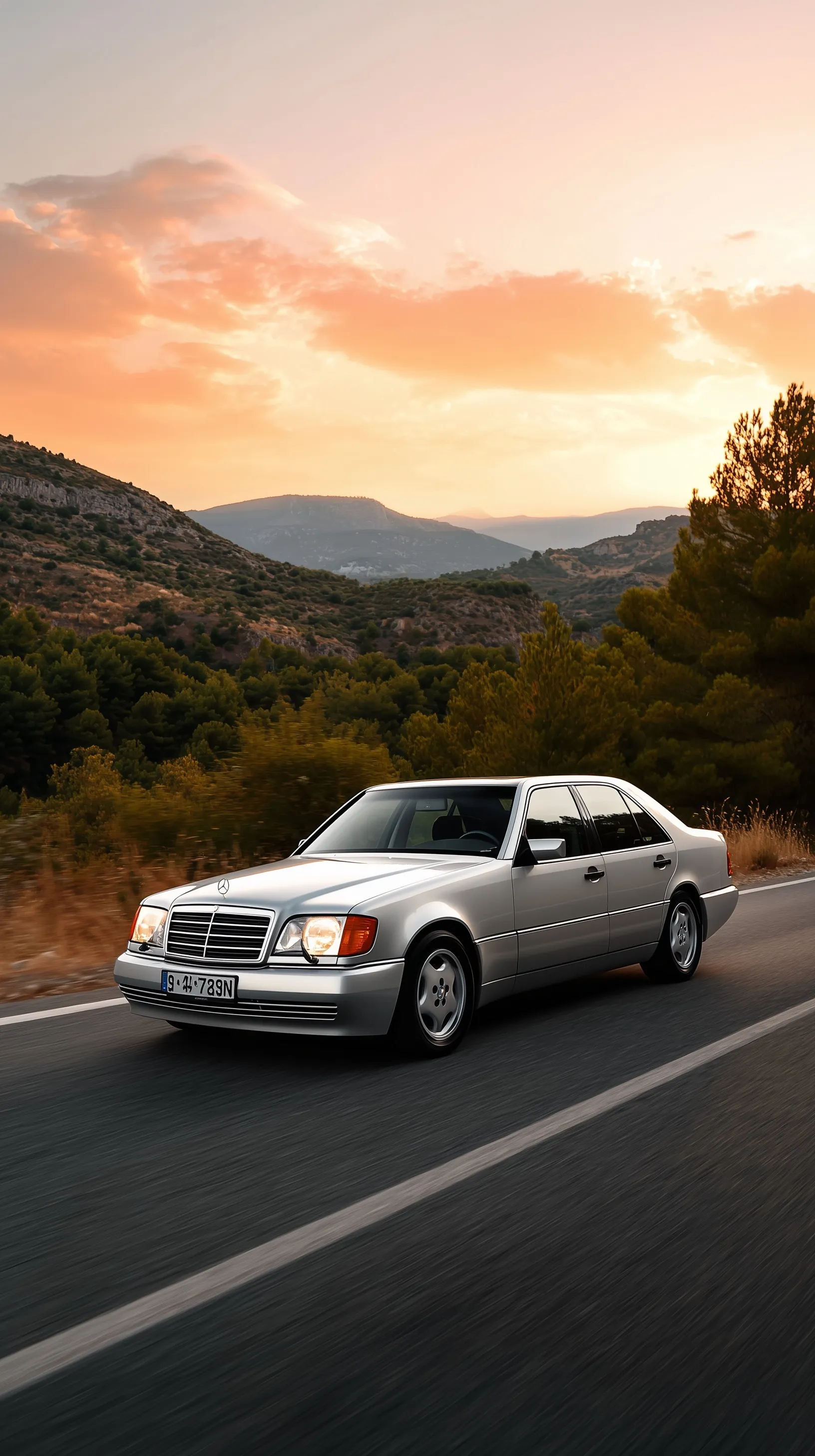 Silver Mercedes S140 driving on a scenic road against a colorful sunset sky, perfect for iPhone wallpaper.