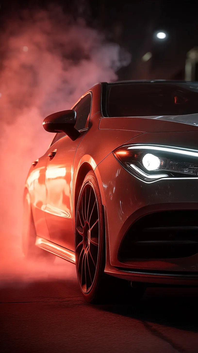 Electric Mercedes CLA night wallpaper with glowing headlights and cinematic smoke in a hyperrealistic style.