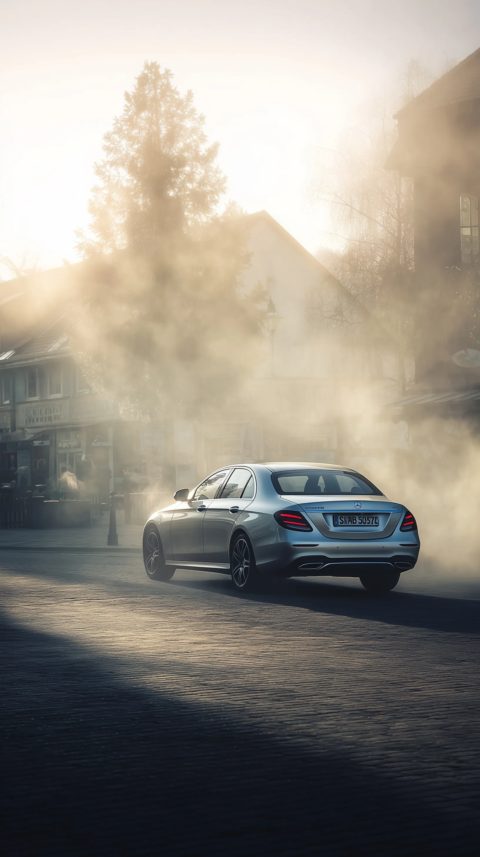A silver Mercedes-Benz E-Class driving away in morning mist on a small-town parking lot.