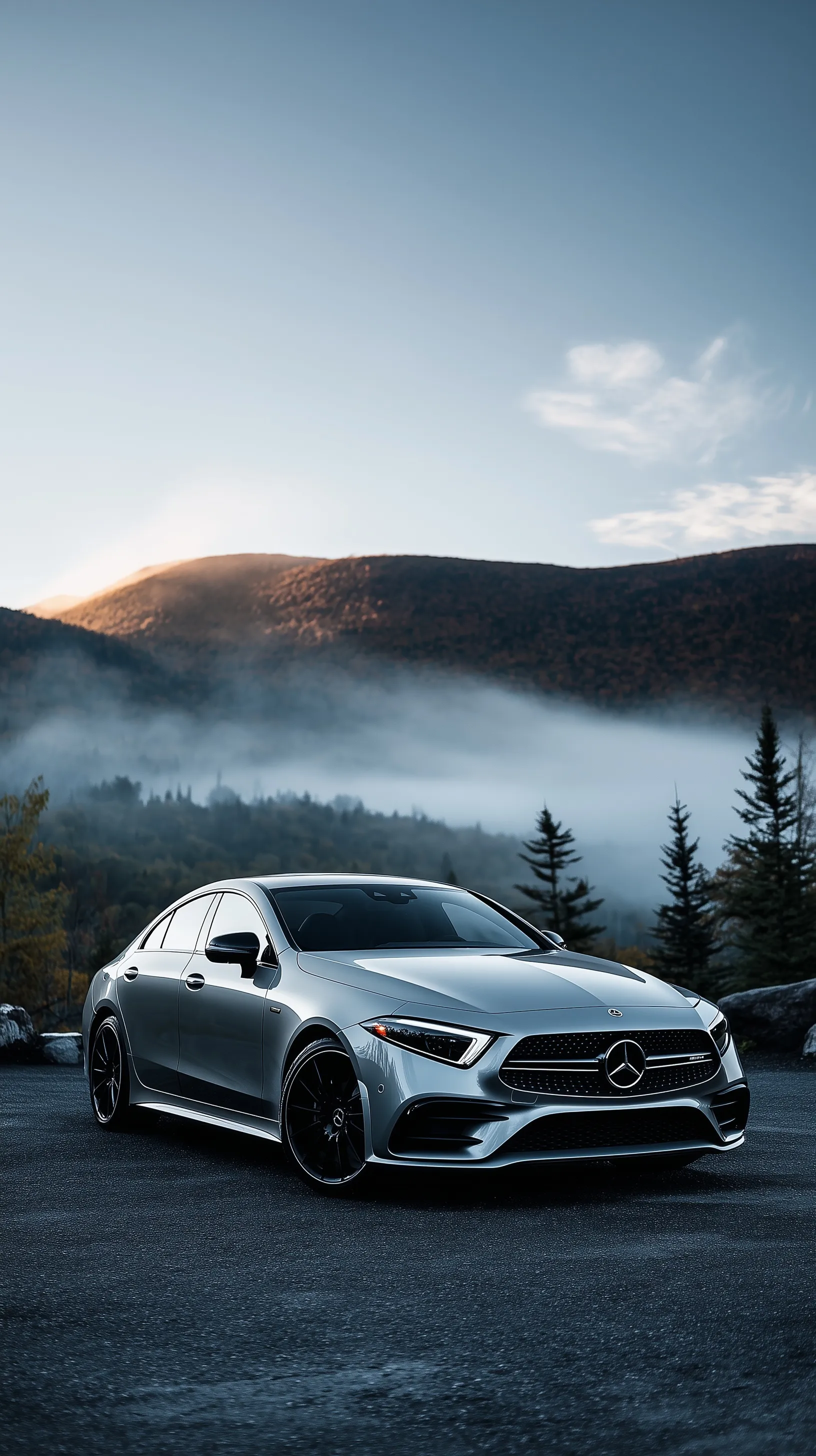 Sleek Mercedes car parked in misty Adirondack Mountains at sunrise, perfect for iPhone wallpaper.