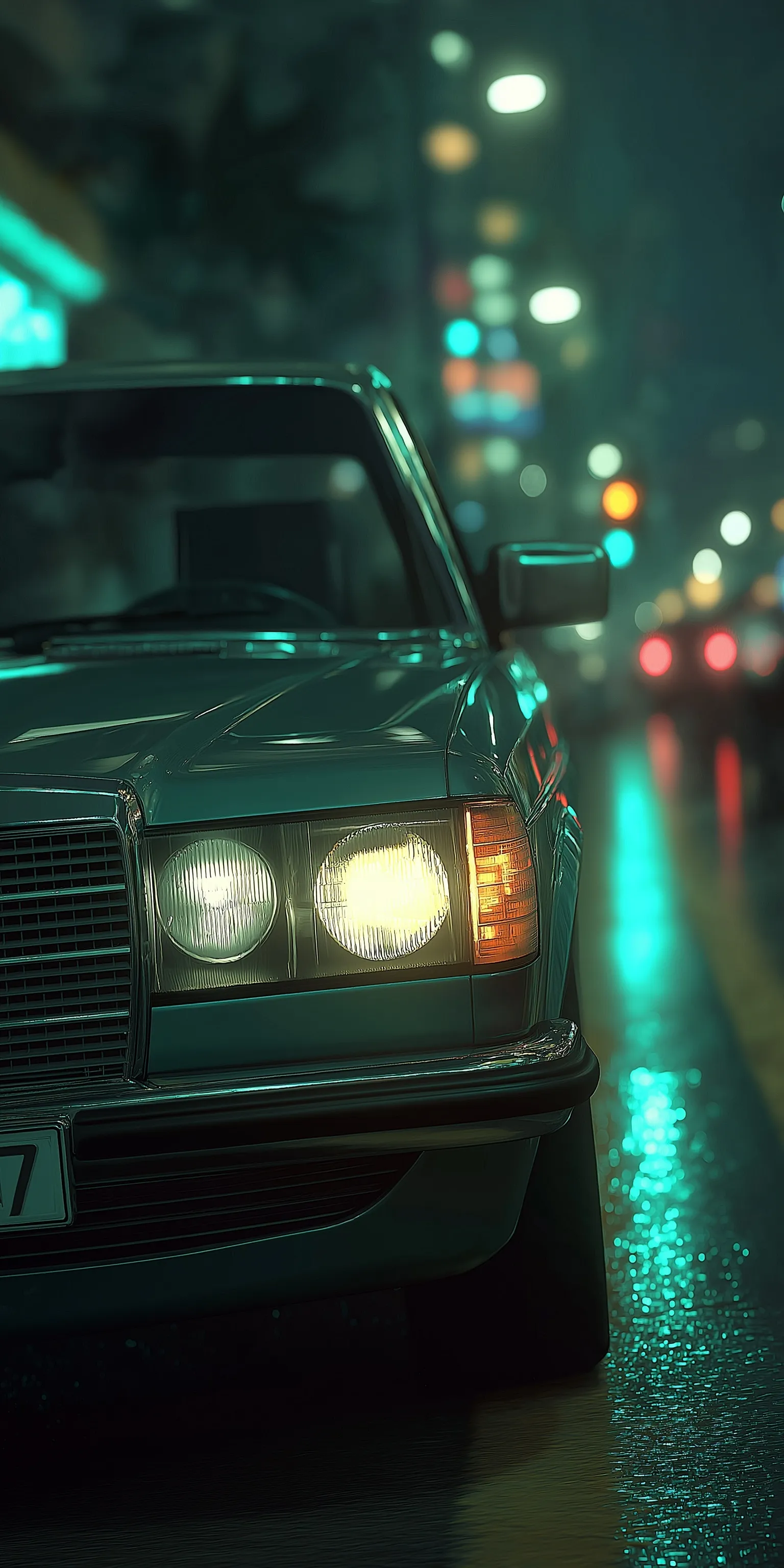 A sleek vintage Mercedes-Benz W123 cruising down a neon-lit Beirut street at night in a cinematic 80s style.