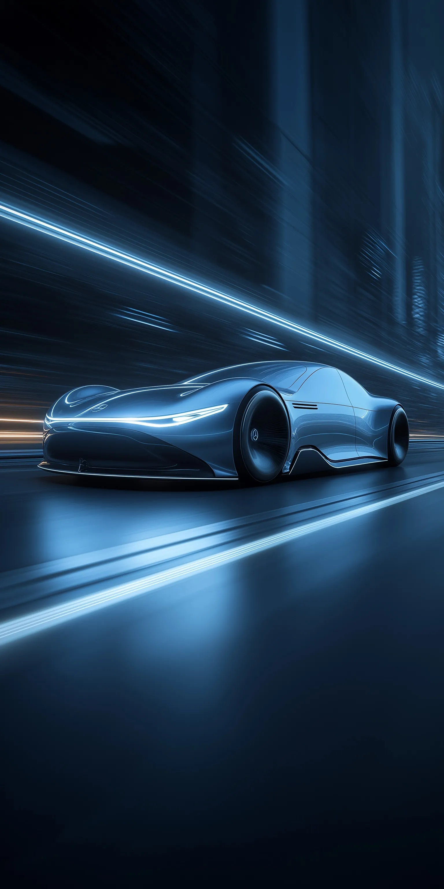 Abstract futuristic concept car driving through a modern city with motion blur, dark blue cinematic lighting.