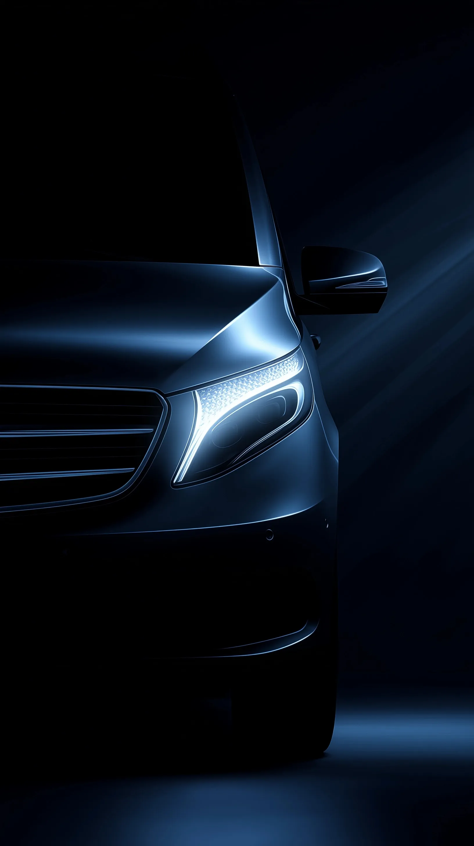 Artistic front view of a Mercedes-Benz V260L in soft blue lighting, perfect for a high-resolution iPhone wallpaper.