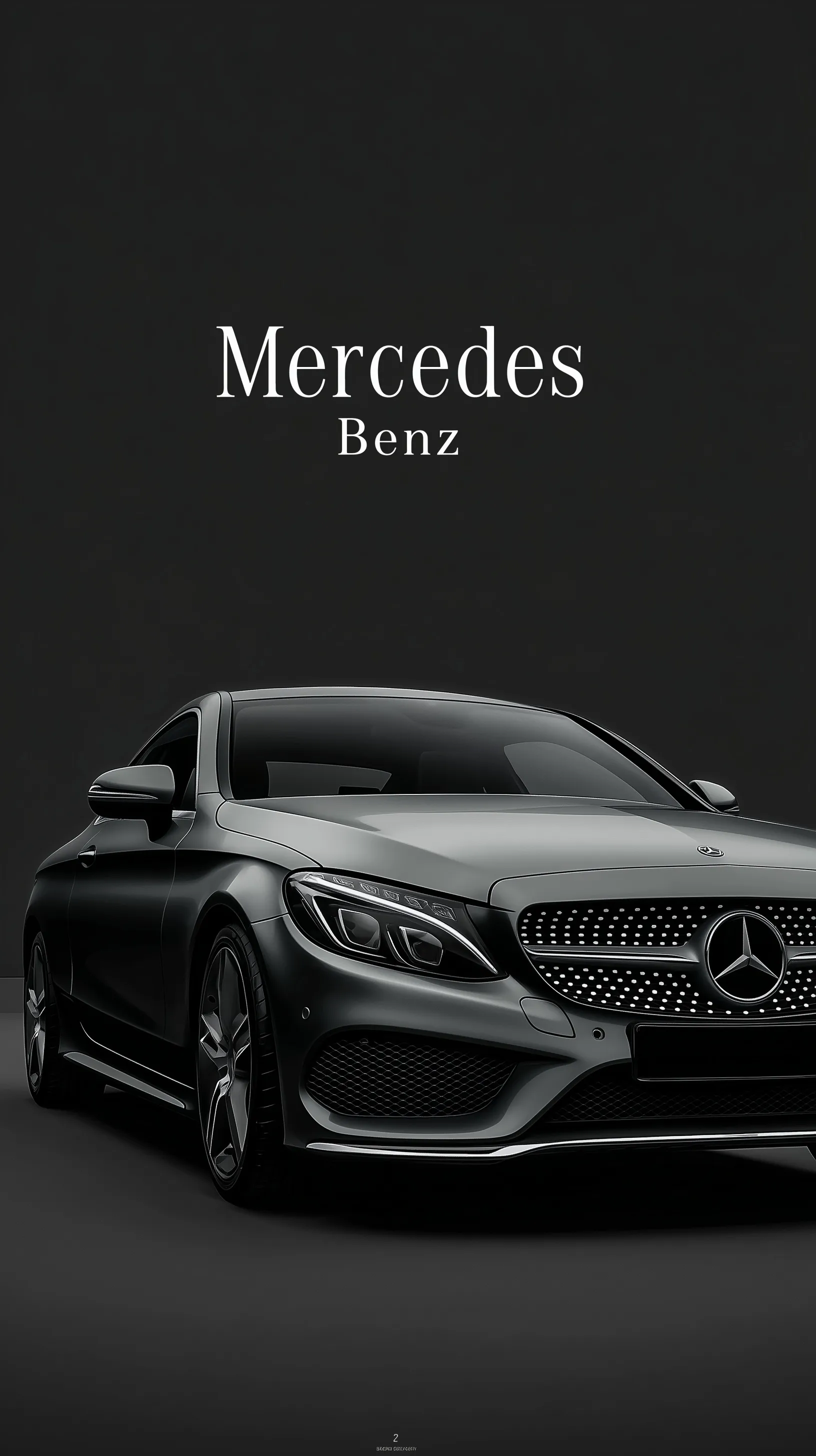 A sleek top-down view of a dark Mercedes W205 with minimalist white branding on a charcoal background.