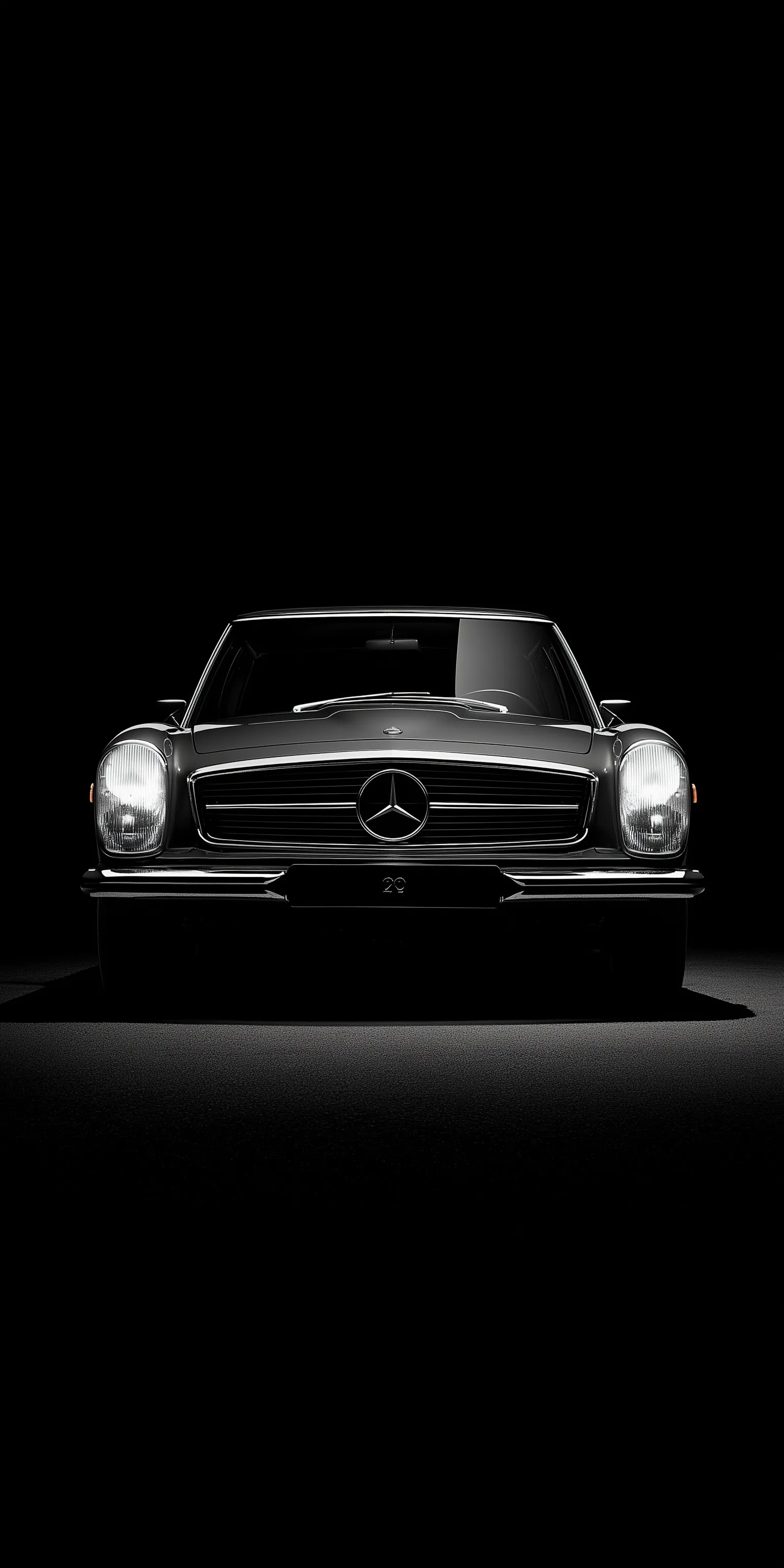 A sleek classic Mercedes 280 SL in graphite on a minimalist black and grey gradient background for iPhone wallpaper.