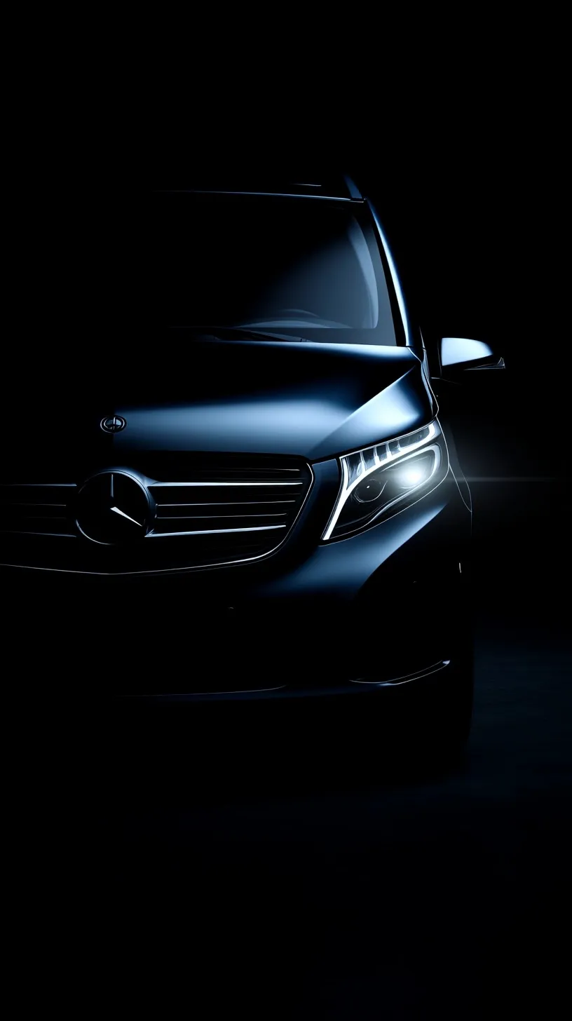 Artistic front view of a Mercedes-Benz V260L in soft blue ambient lighting, perfect for high-resolution iPhone wallpaper.