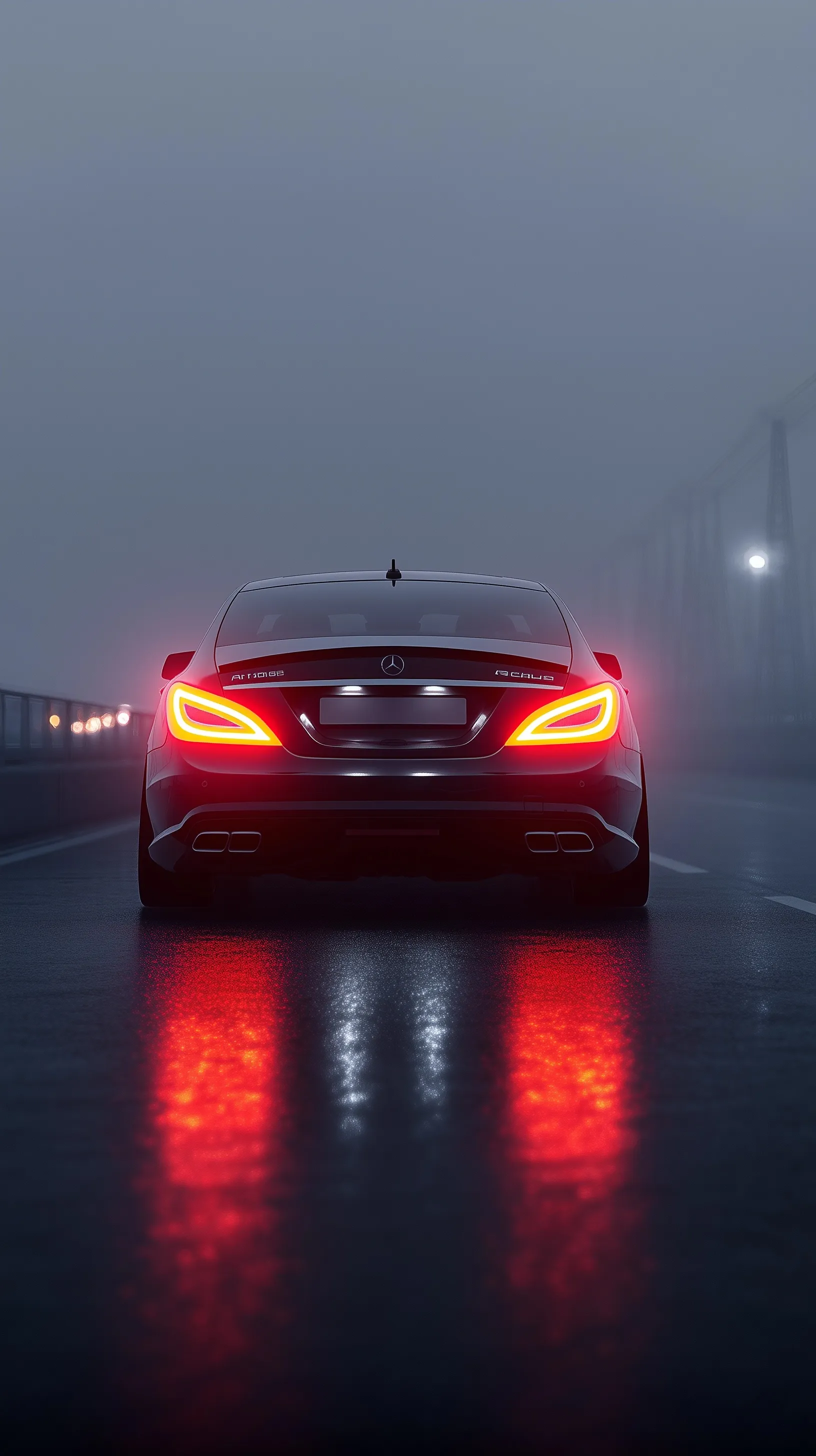 Rear view of a Mercedes-Benz CLS63 AMG parked on wet asphalt at night with red taillights glowing in foggy weather.