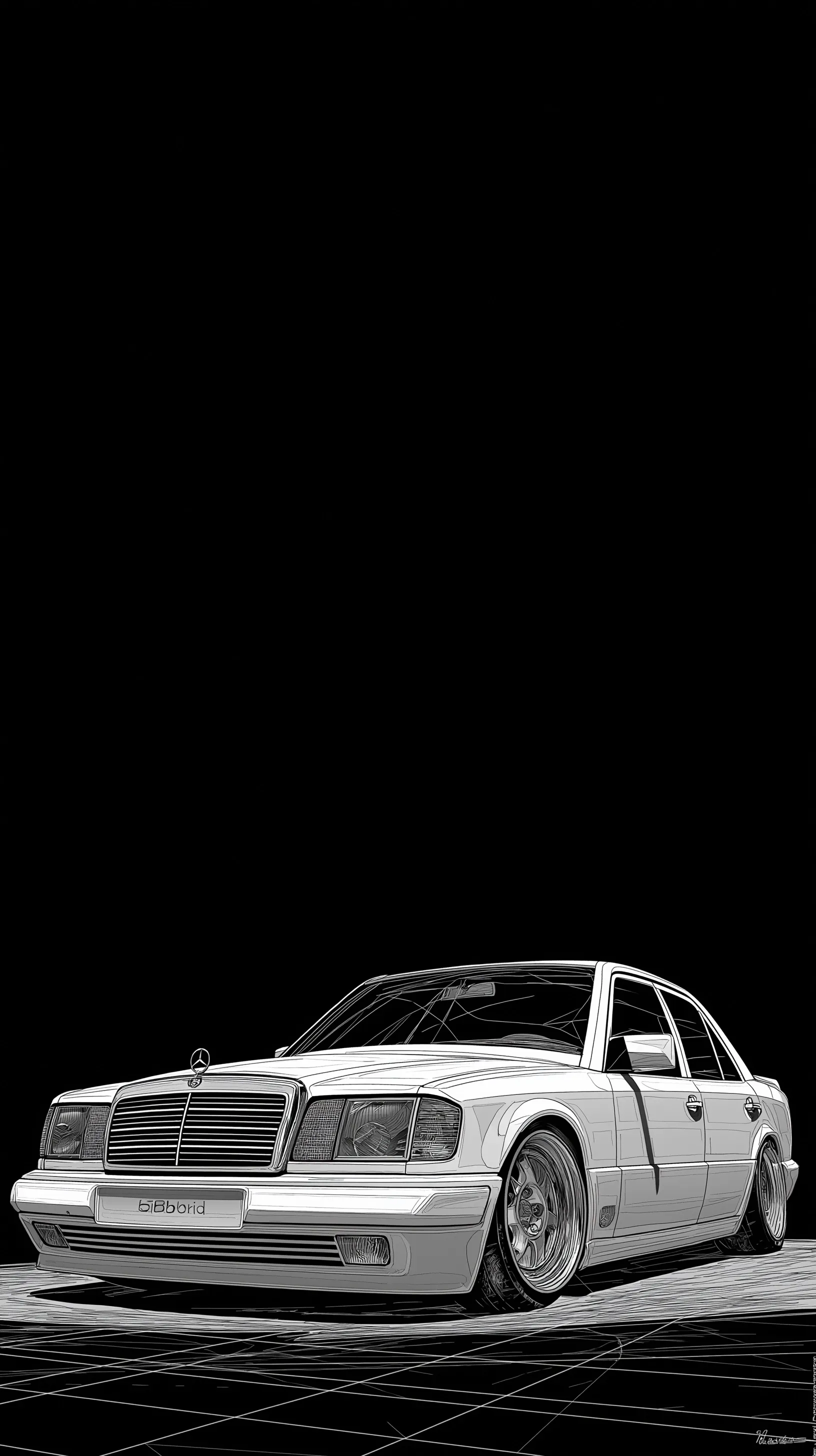 Minimalist line art drawing of a Mercedes-Benz W124 Brabus Matchbox car on a clean background.