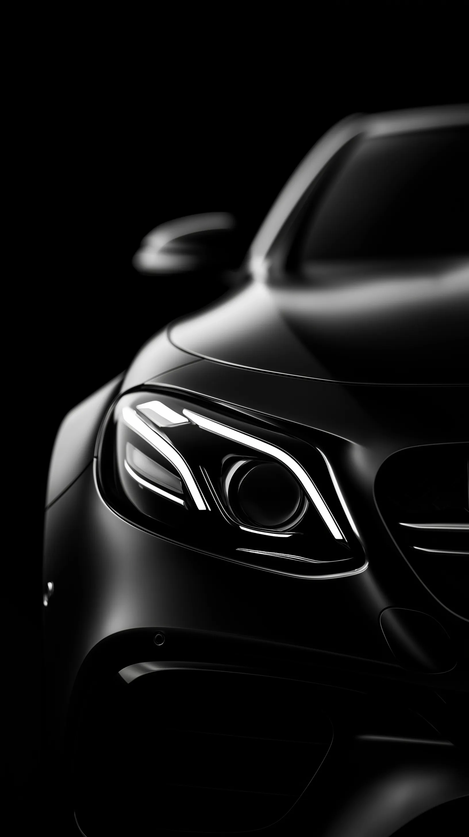 Minimalist black and white Mercedes-Benz E63s AMG phone wallpaper featuring sleek luxury car design details.