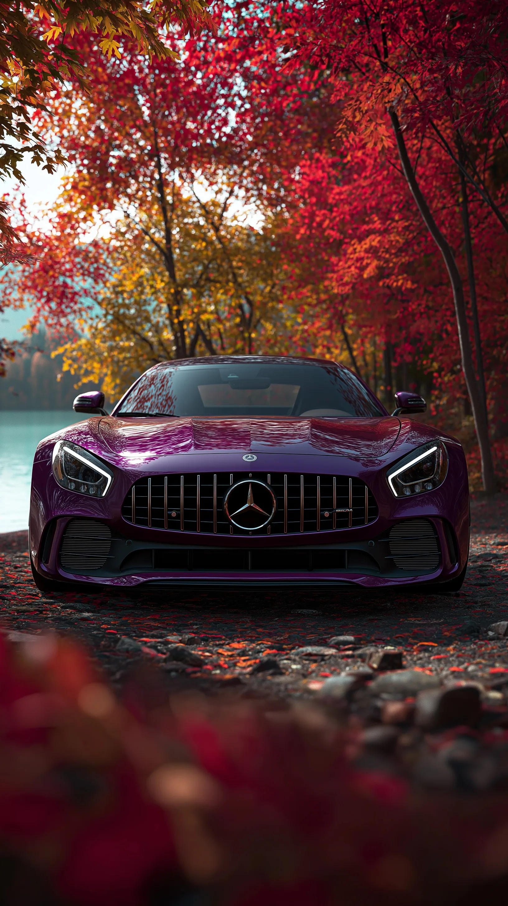 Purple and red Mercedes-AMG GTR parked by a lake with autumn foliage and red leaves, cinematic photorealistic style.