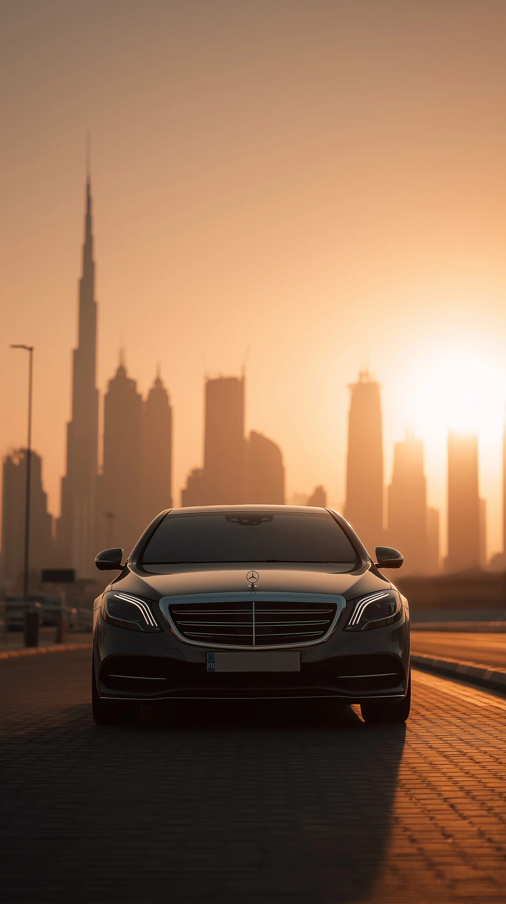 Luxury Mercedes parked on a roadside against a golden hour Dubai skyline with soft bokeh and negative space.