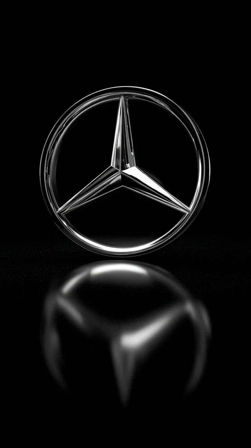 A sleek 3D Mercedes-Benz logo in chrome with cinematic lighting on a dark background, perfect for iPhone wallpaper.