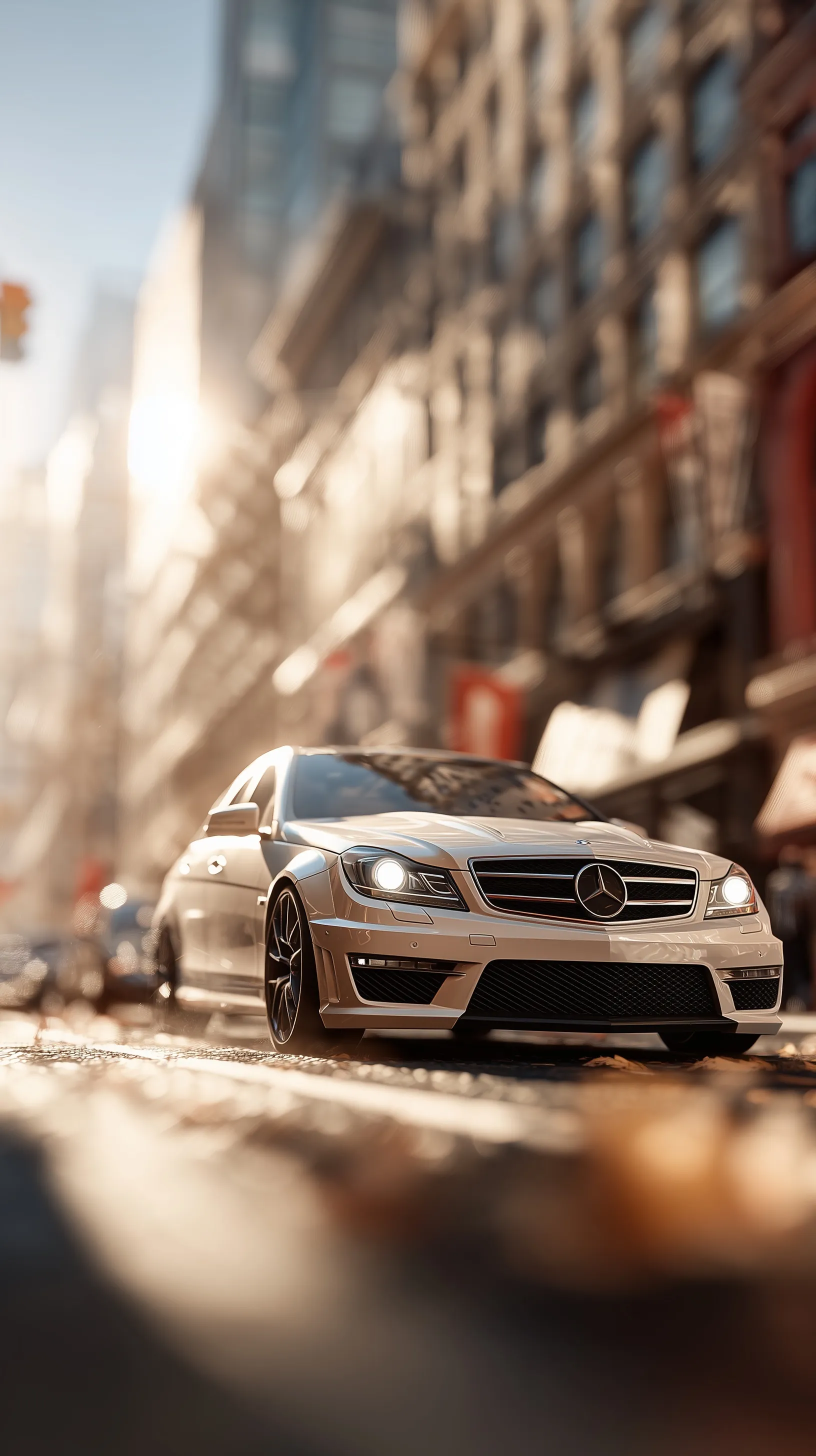 A candid spy shot of a new Mercedes car model parked on a city street in natural daylight, iPhone wallpaper style.