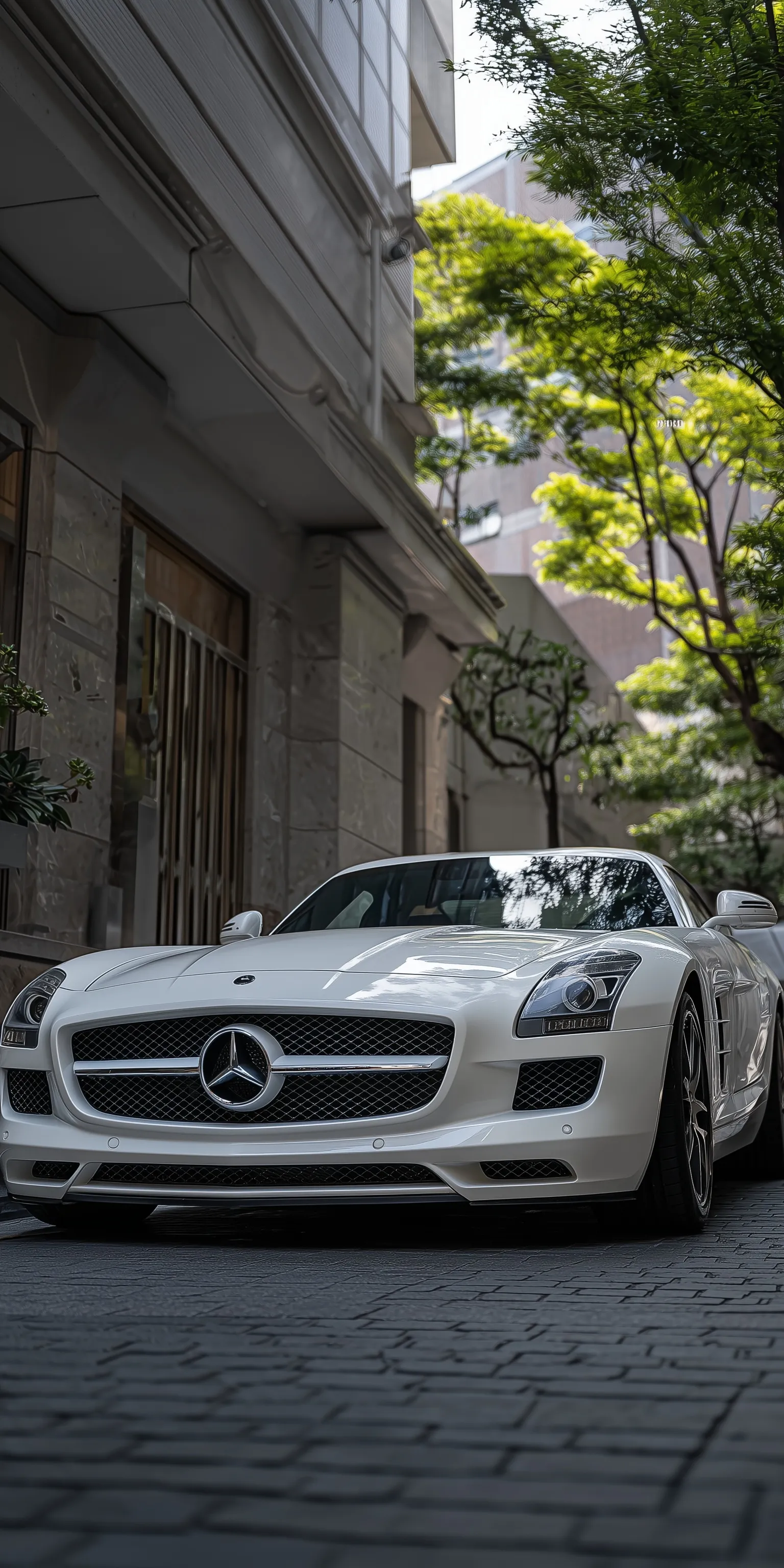 A sleek silver Mercedes-Benz SLS AMG sports car parked, perfect for a high-resolution iPhone wallpaper.