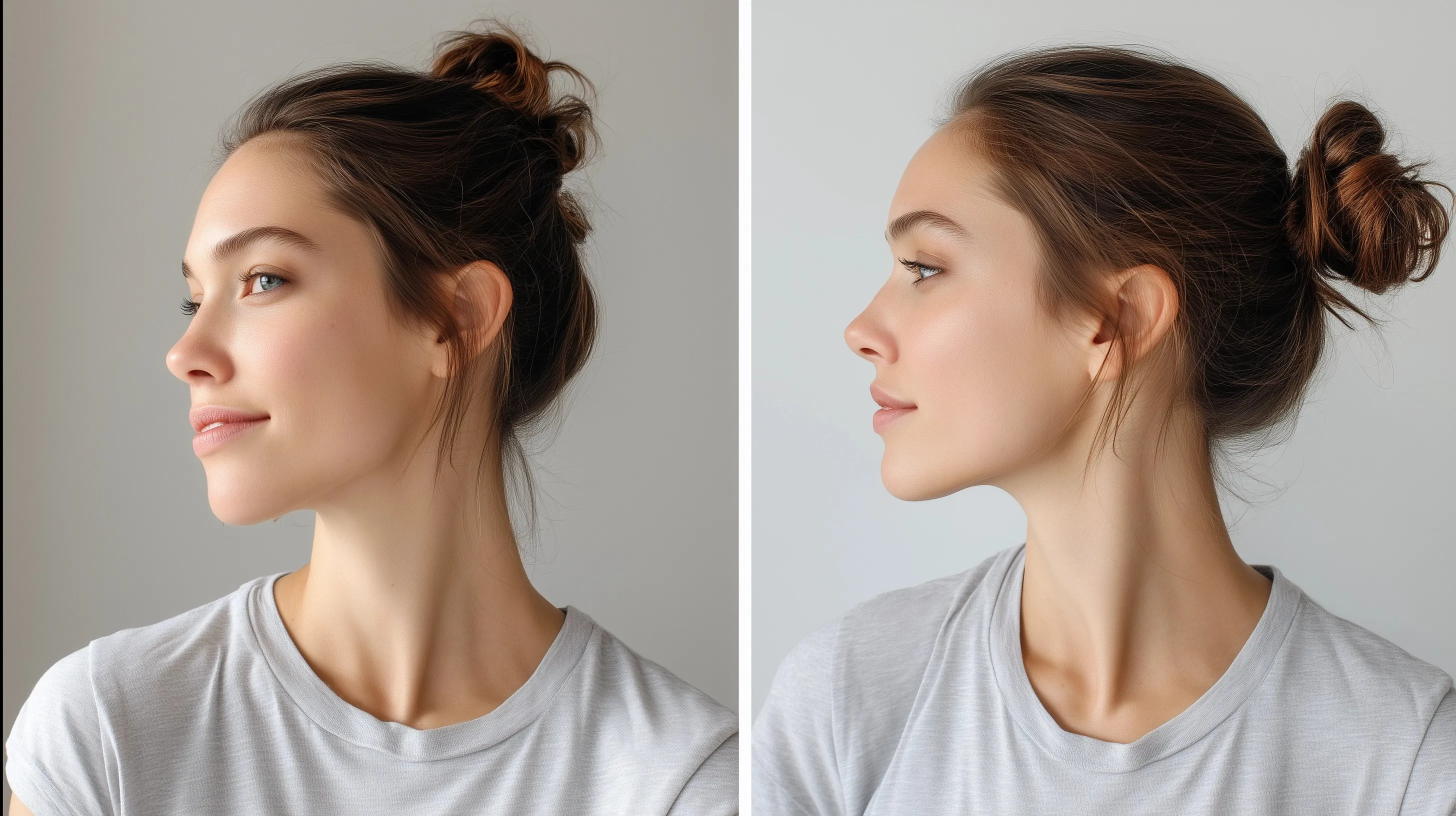 Front and side profile view of a beautiful white woman with brown hair styled in a chic, effortless messy bun.