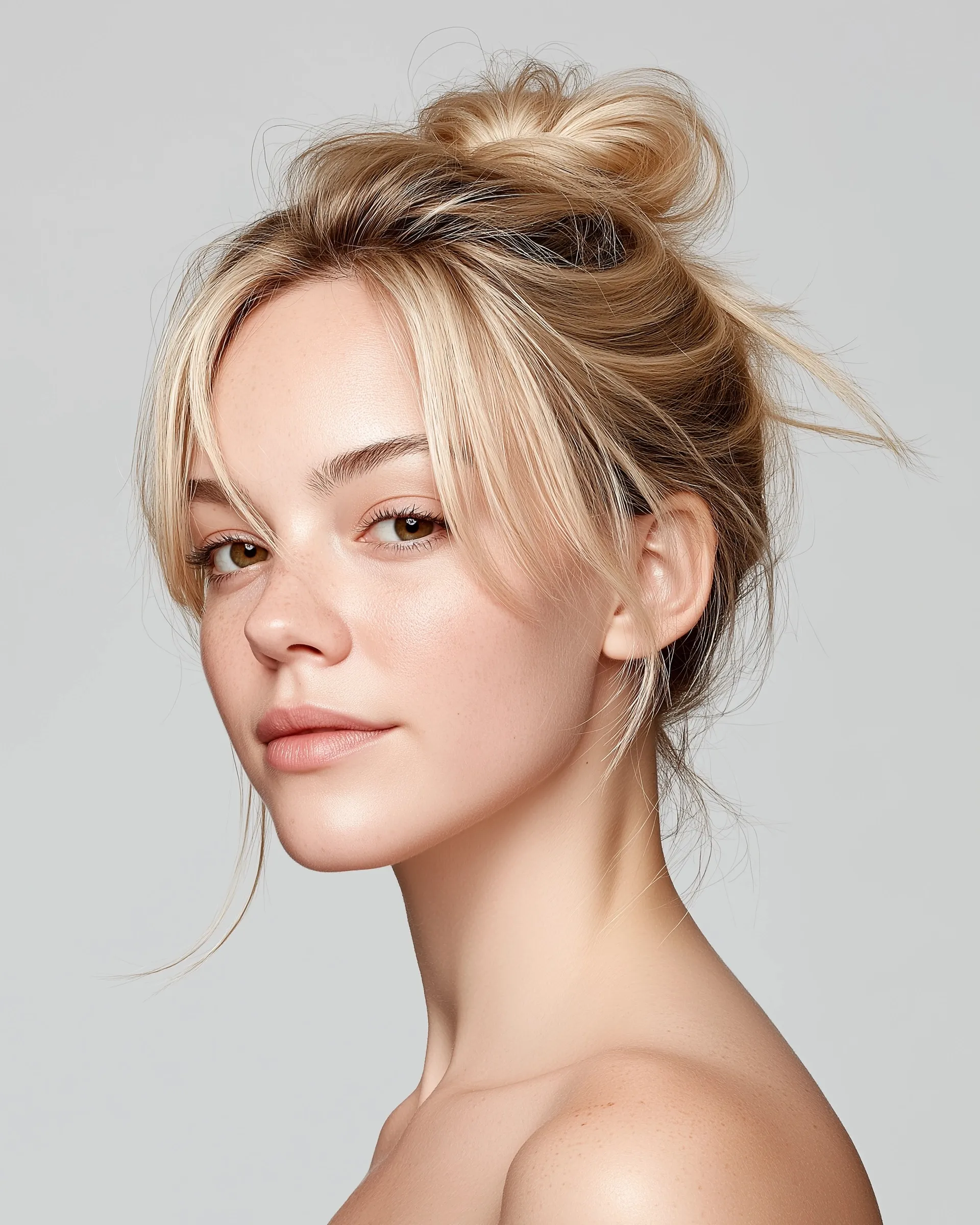 Close-up of blonde model with a messy bun hairstyle, featuring contrasting matte makeup and natural skin texture.