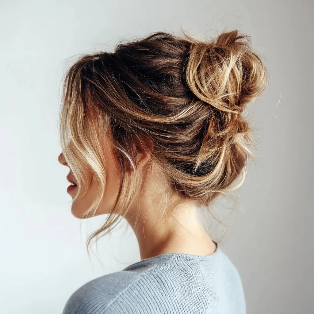 A woman with a chic, effortless messy bun hairstyle and loose strands, dressed in casual clothing.