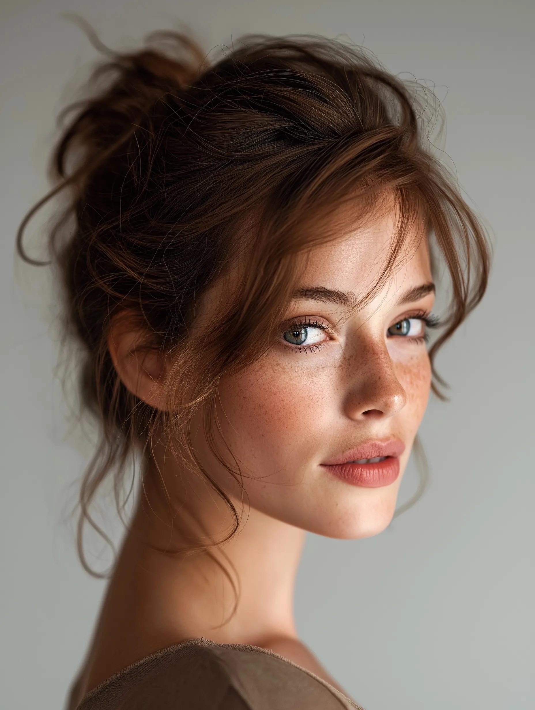 A beautiful young woman with healthy hair styled in a stylish and modern messy bun against a minimalist background.