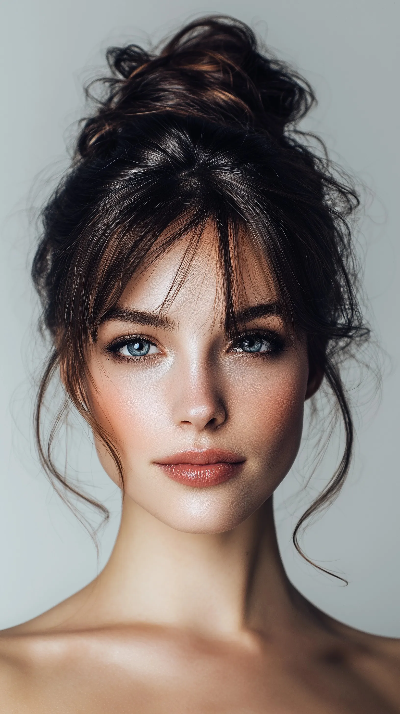 A beautiful young woman with a glamorous messy bun hairstyle, radiant makeup, and glowing skin in a studio portrait.