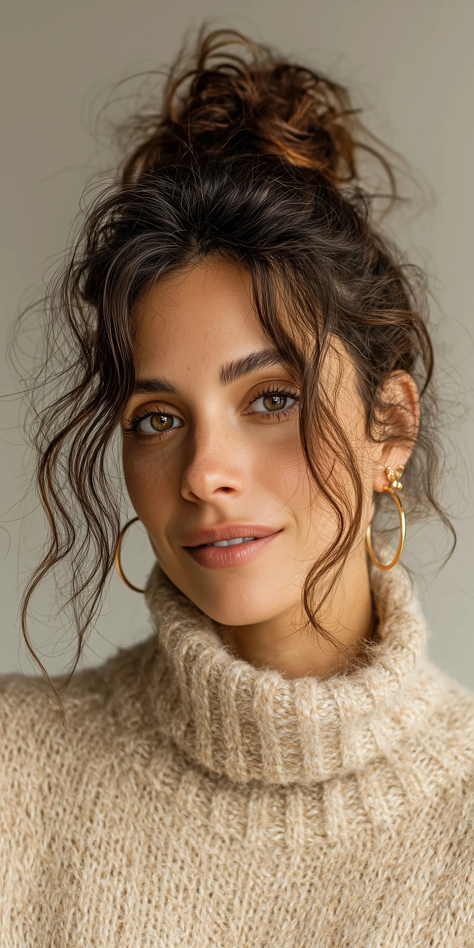 Attractive 35-year-old Latina woman with a messy bun hairstyle wearing a beige sweater, front view portrait.