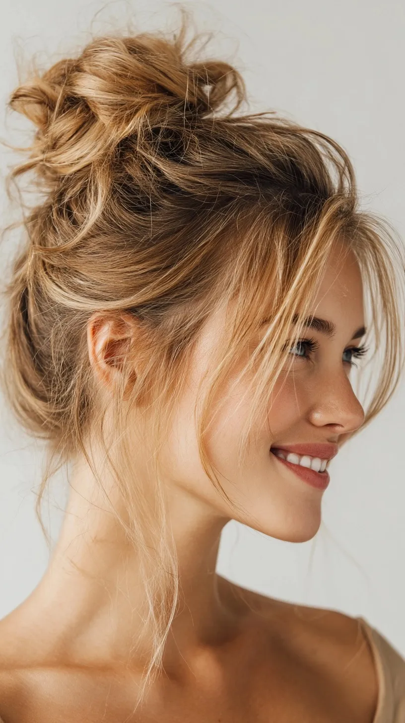 A close-up of a smiling woman with a blonde balayage messy bun hairstyle against a clean white background.