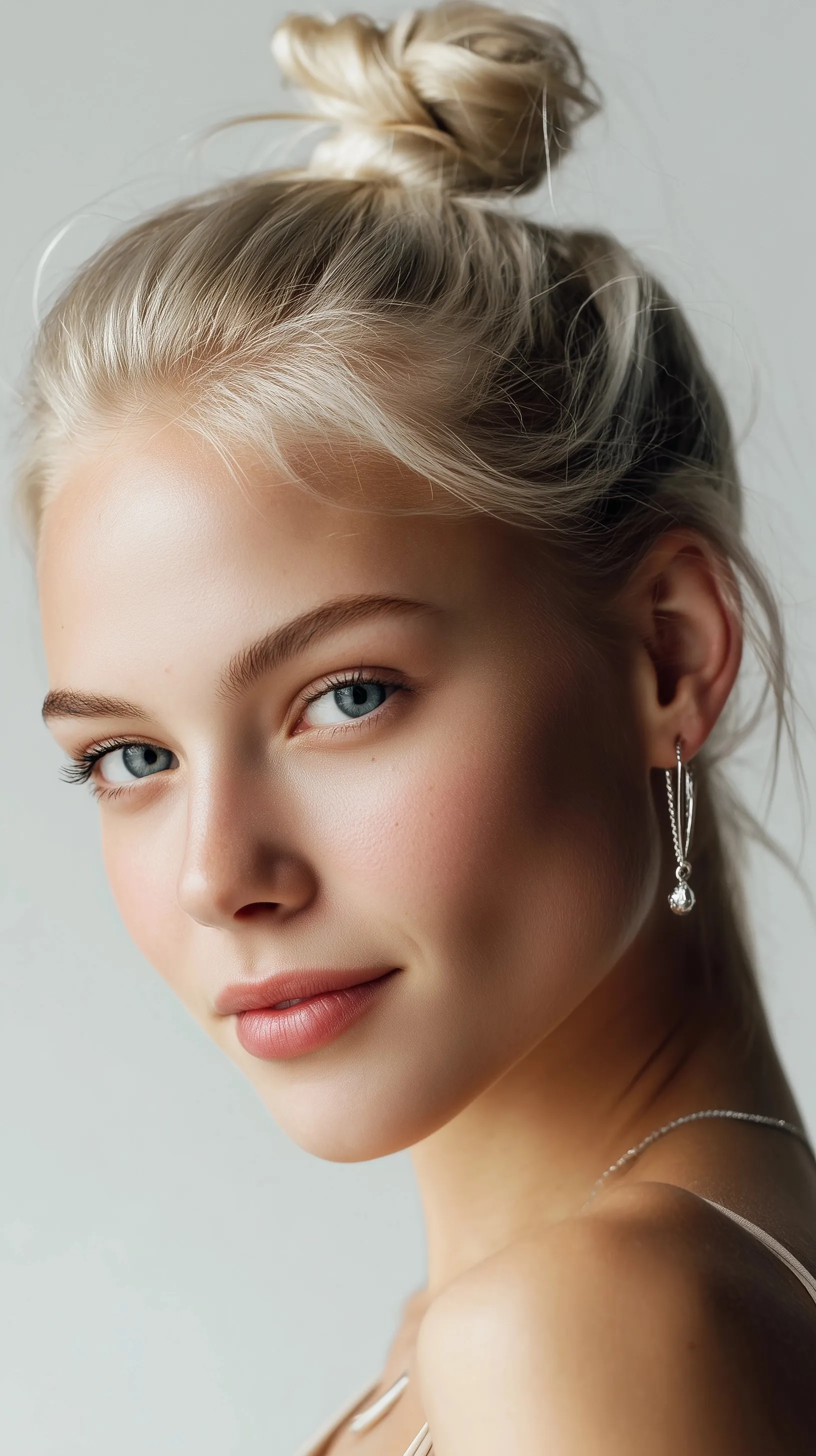 Close-up of a Nordic model with an elegant messy bun hairstyle, icy blonde hair, and platinum earrings.