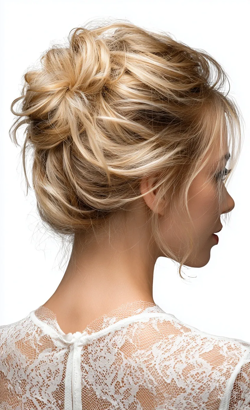 Blonde woman with a chic messy bun hairstyle, seen from behind, wearing a dress against a clean white background.