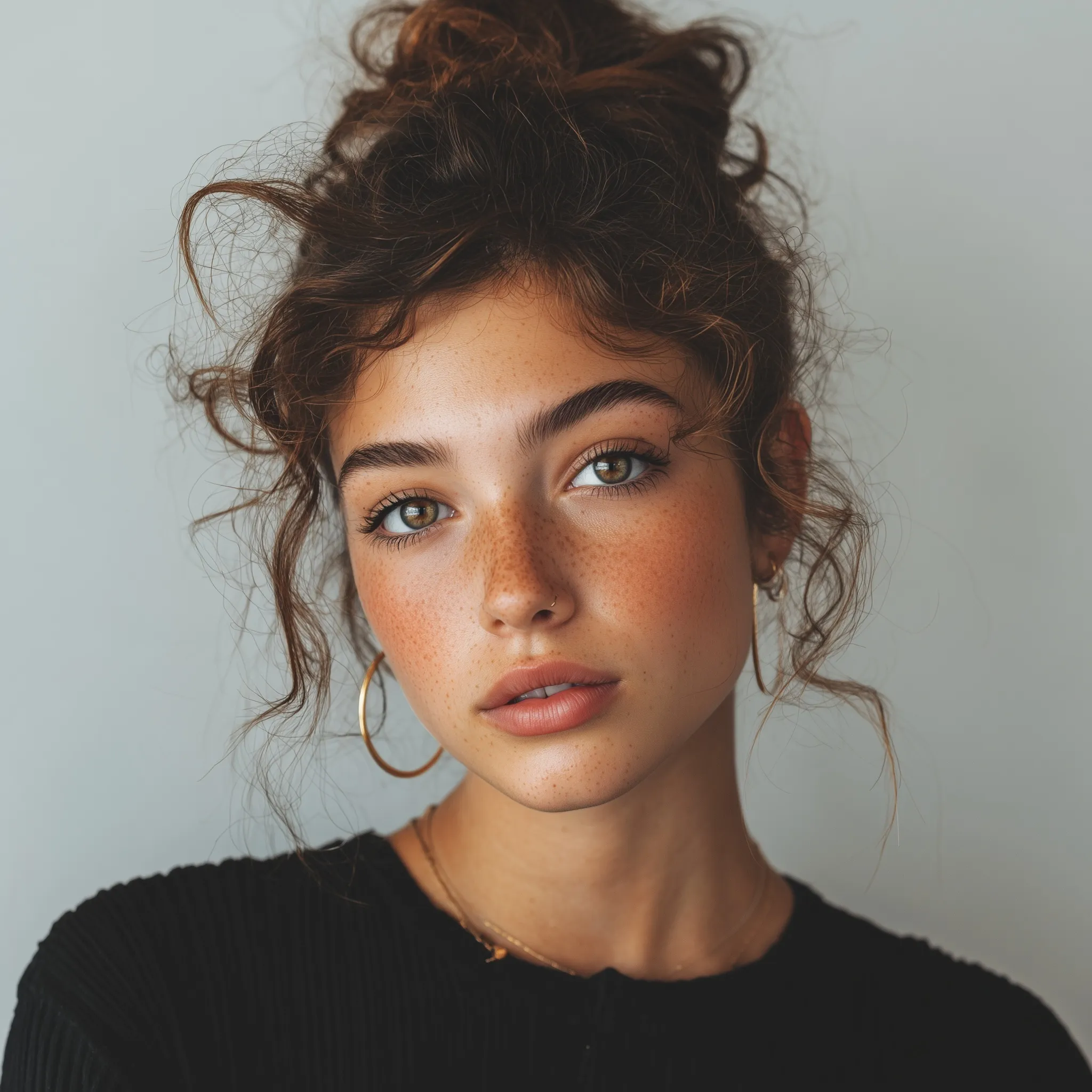 A 19-year-old Cuban influencer with fair skin and light brown eyes wearing a stylish messy bun hairstyle.