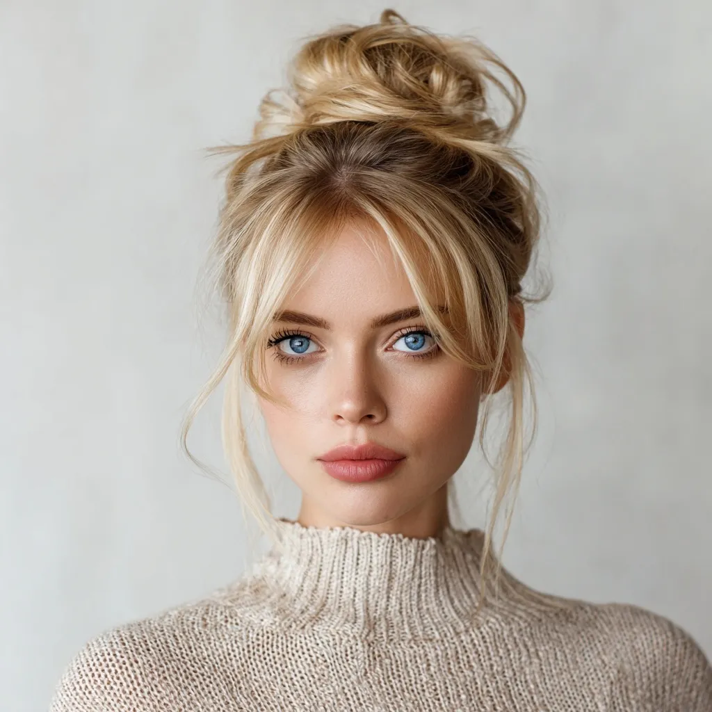 Full body portrait of a beautiful 23-year-old blonde woman with blue eyes wearing a stylish messy bun hairstyle.