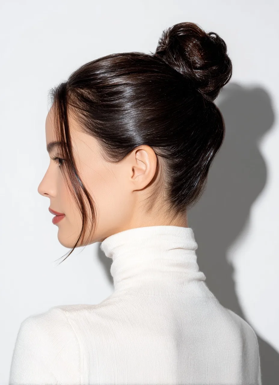 Back view of a beautiful American woman with a neat high messy bun hairstyle isolated on a pure white background.