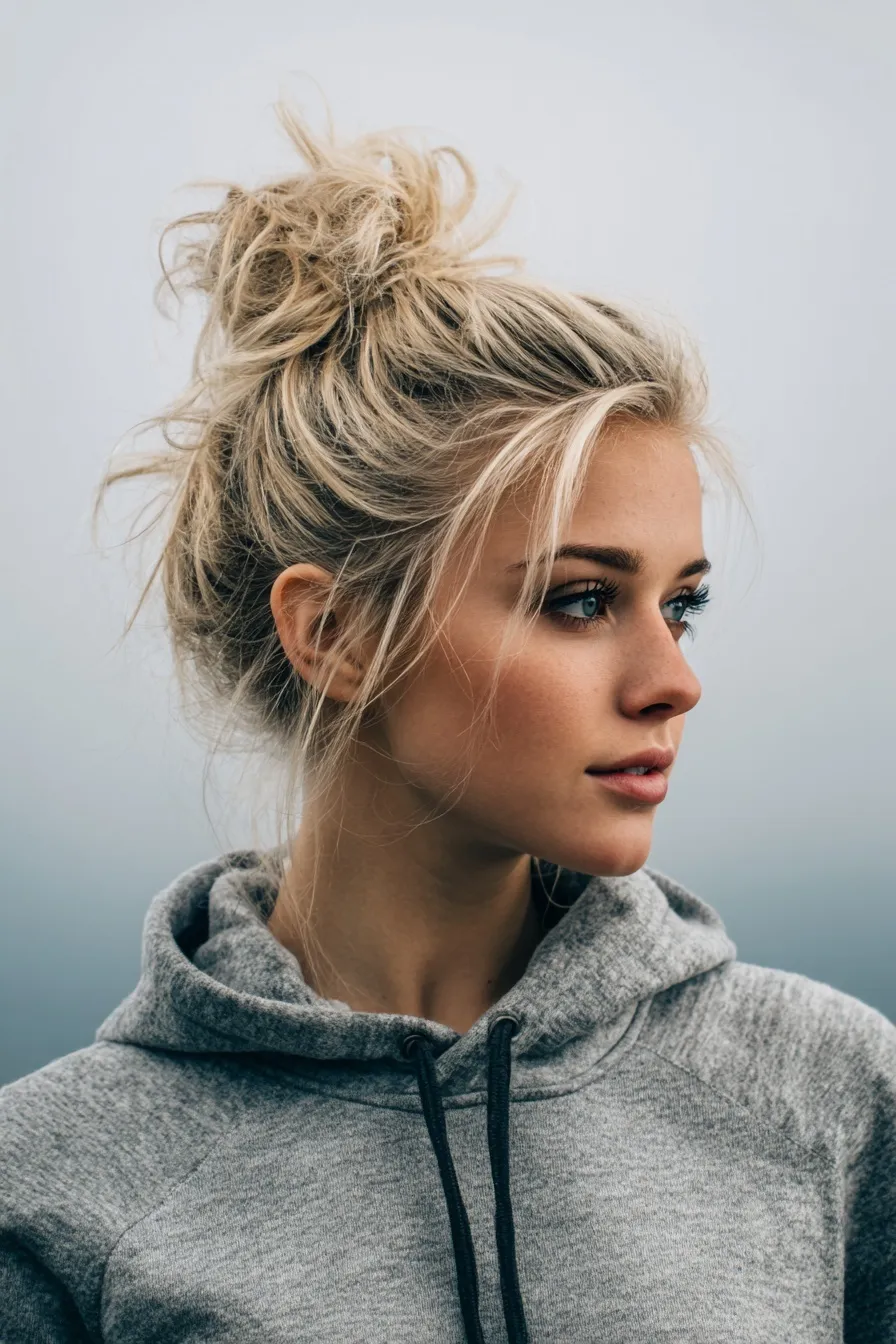 A blonde woman with a stylish messy bun hairstyle wearing a casual grey hoodie.