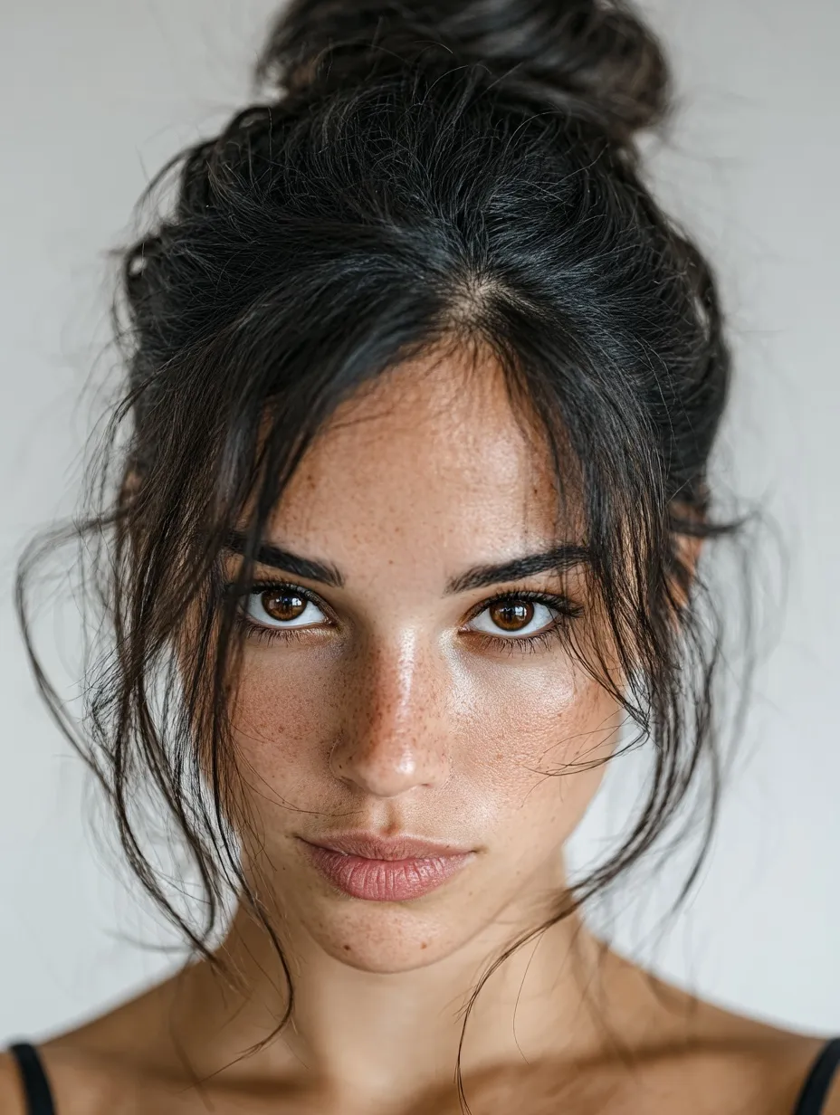 A 25-year-old Mexican woman with a messy bun hairstyle and an emotionless expression against a white background.