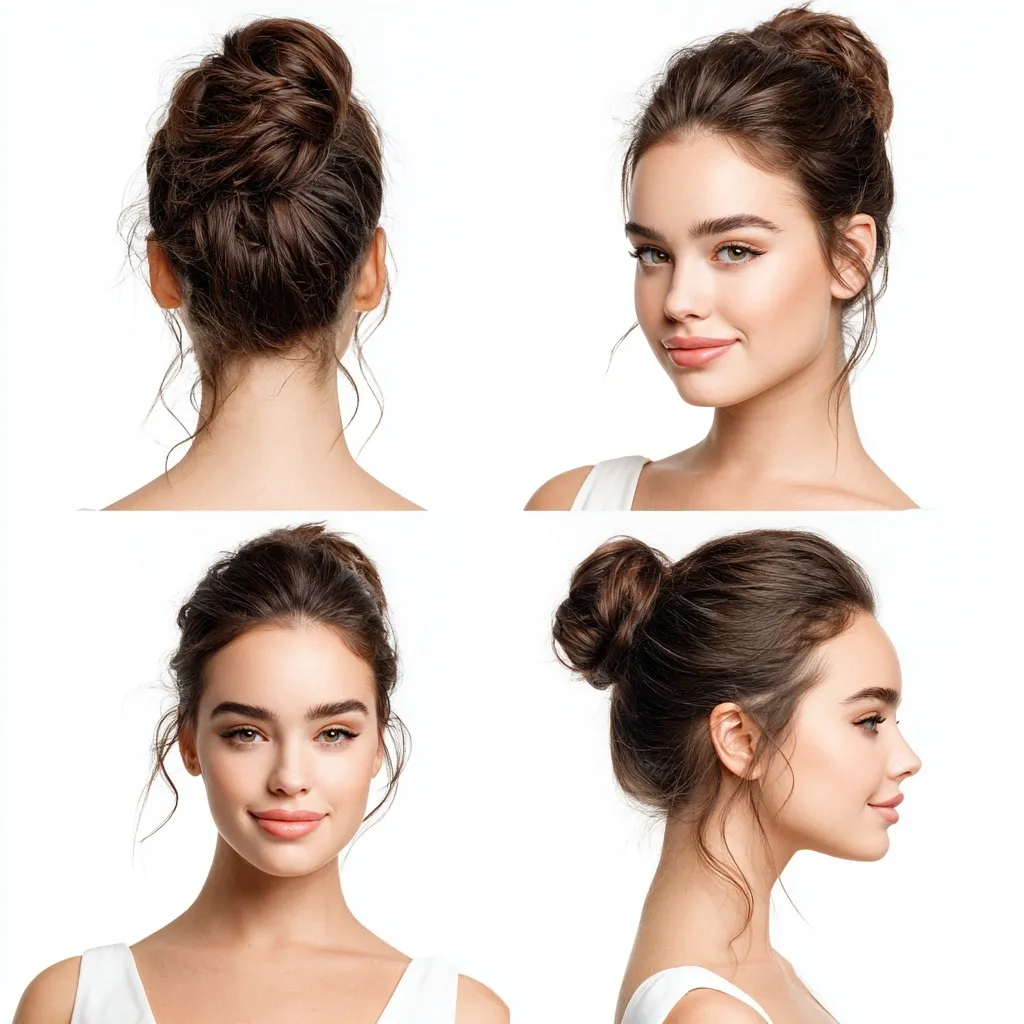 A collection of four professional photos showing a messy bun hairstyle on a European model from various angles.