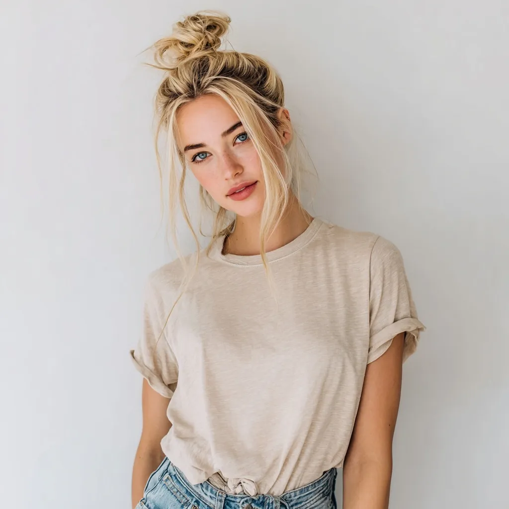 A beautiful woman with blonde hair in a messy bun, wearing a casual beige t-shirt and blue jeans.