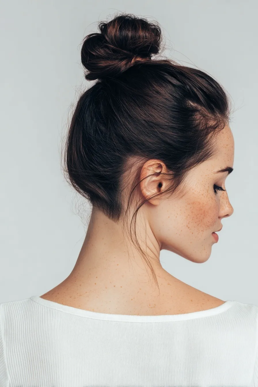 Back view of a woman with a dark messy bun hairstyle, freckles, and a white top against a clean white background.