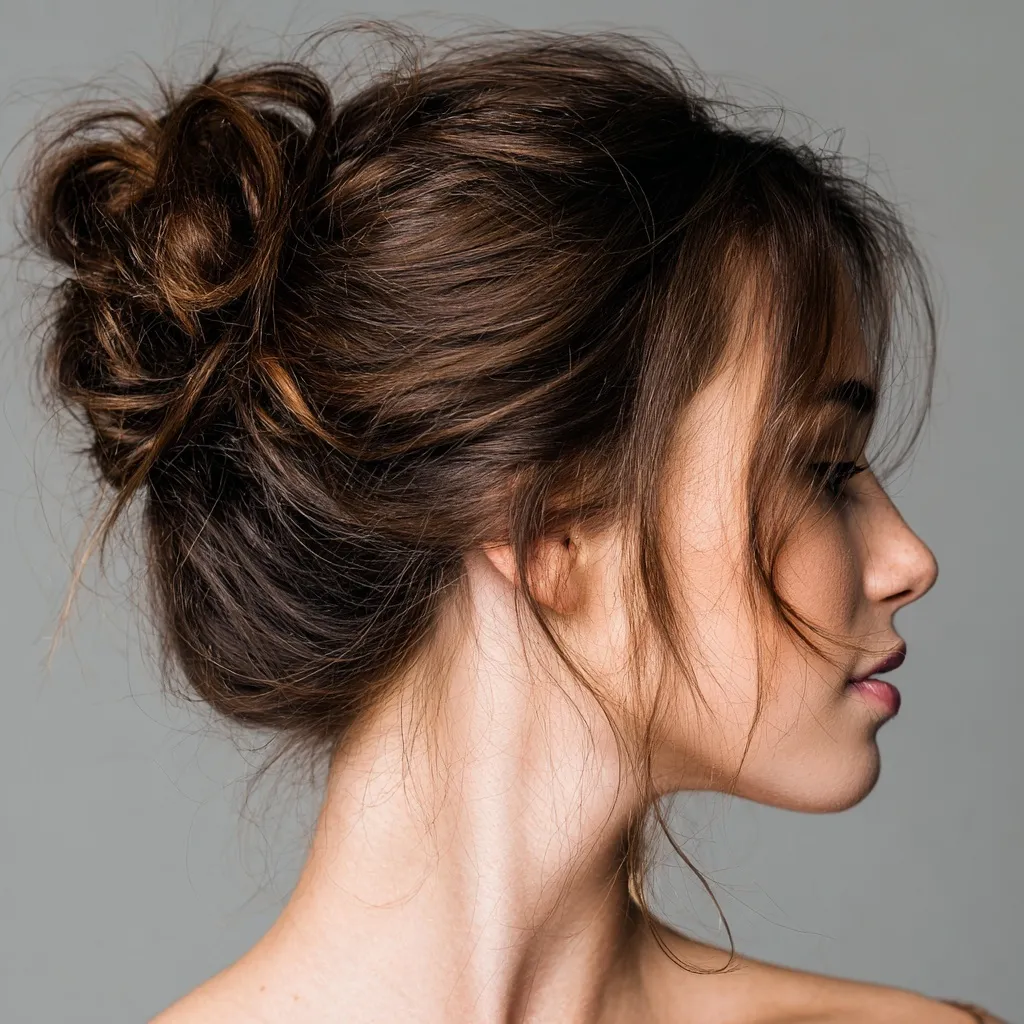 A stylish, close-up side profile view of a woman with a trendy messy hair bun hairstyle.
