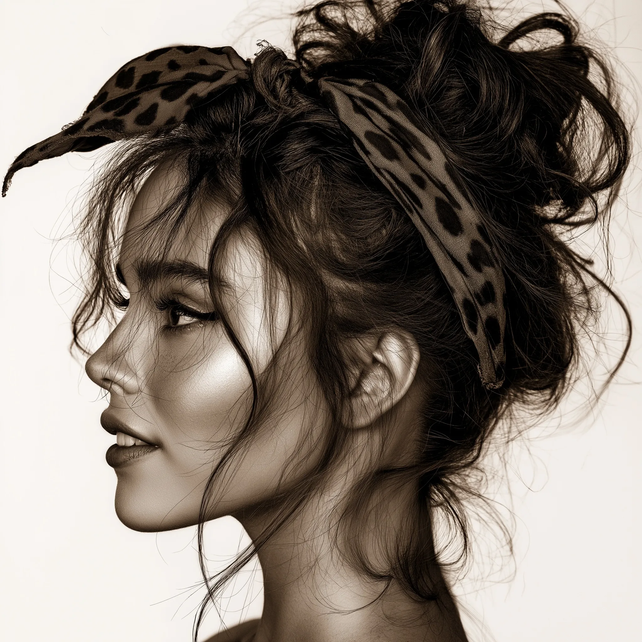 Side profile of a woman with a messy bun hairstyle, cheetah print bow, and ribbon, looking shyly happy.