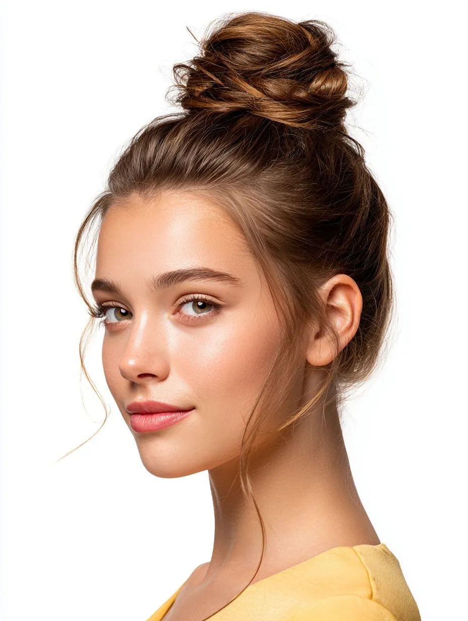 A European model with a stylish messy golden bun hairstyle wearing a yellow top against a clean white background.