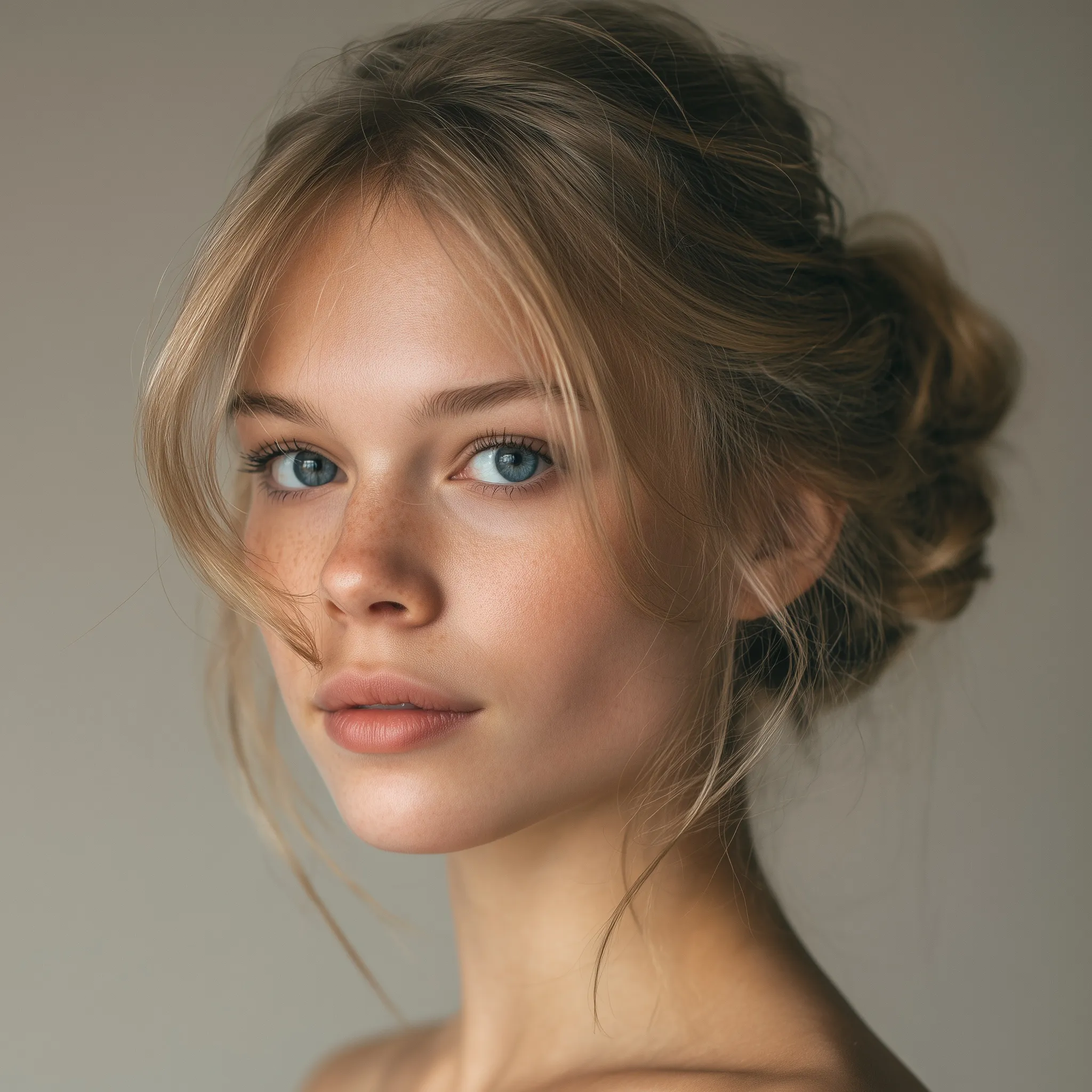 A young Slavic woman with blonde hair in a messy bun and blue eyes posing in a soft-lit studio portrait.