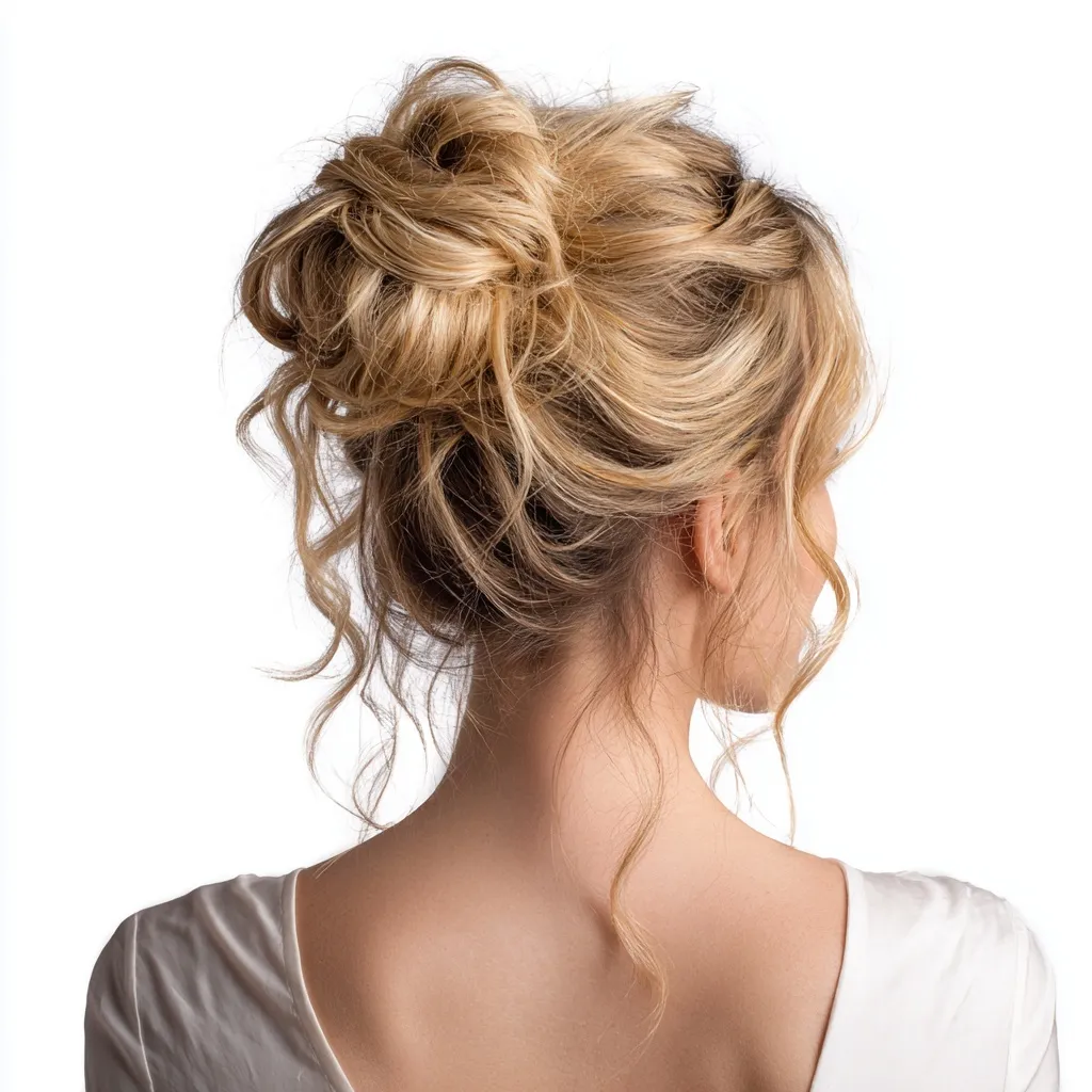 A 22-year-old woman with a stylish messy blonde bun and loose waves, captured from behind on a transparent background.