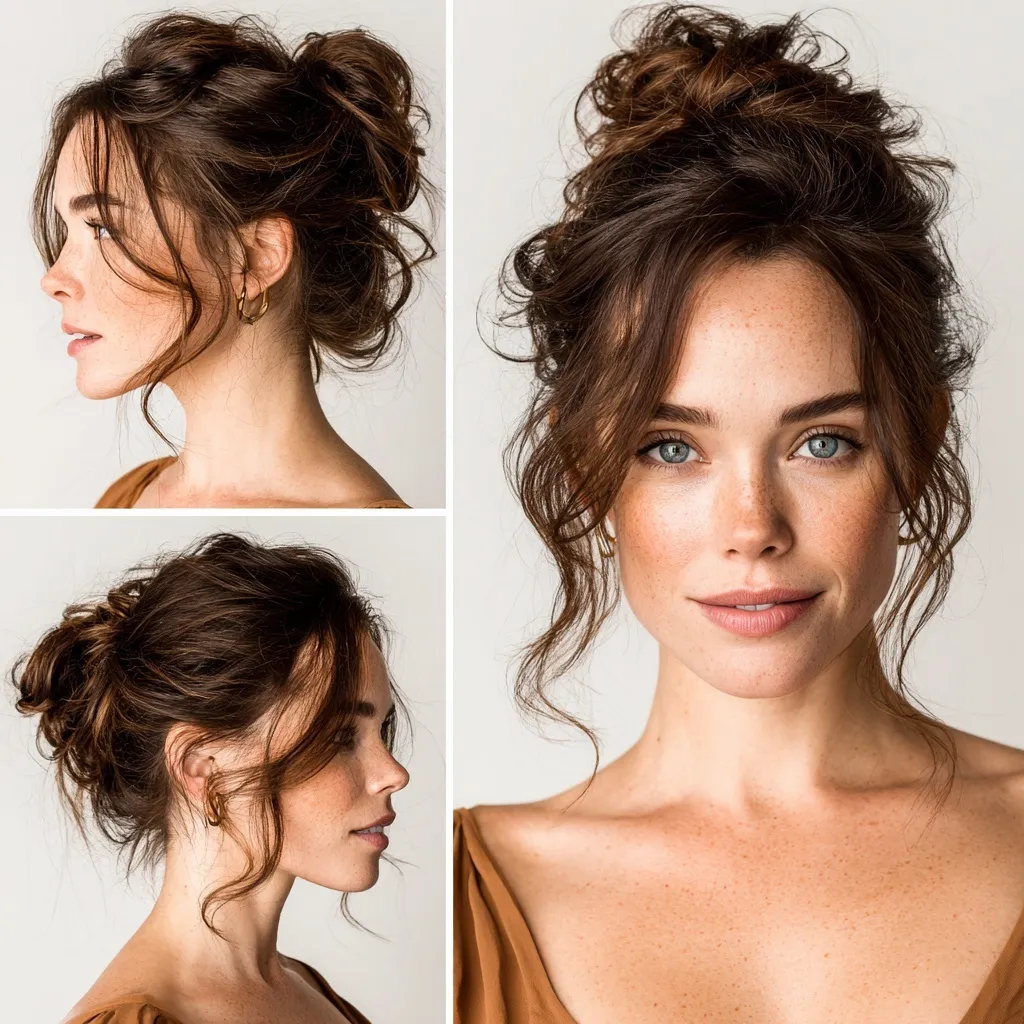 Close-up of an American supermodel with a messy bun hairstyle, soft natural makeup, and white background.