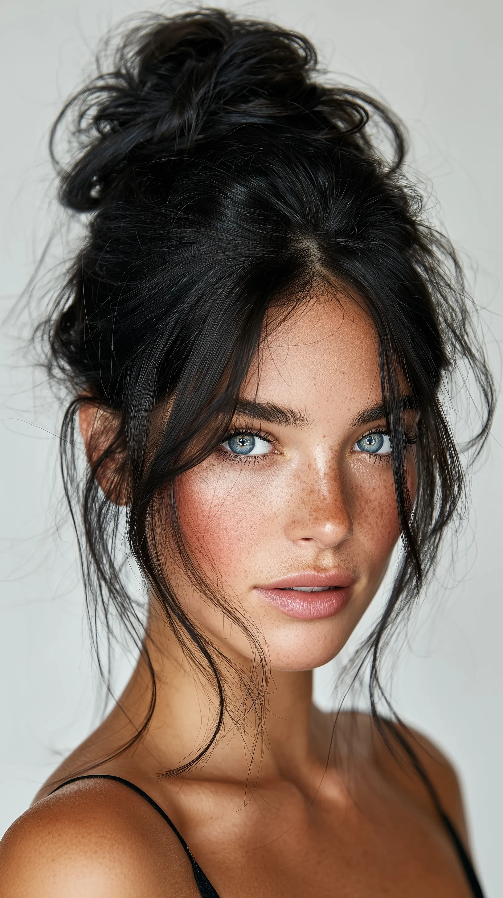 A model with tan skin and black hair in a voluminous, loose messy bun against a clean white background.