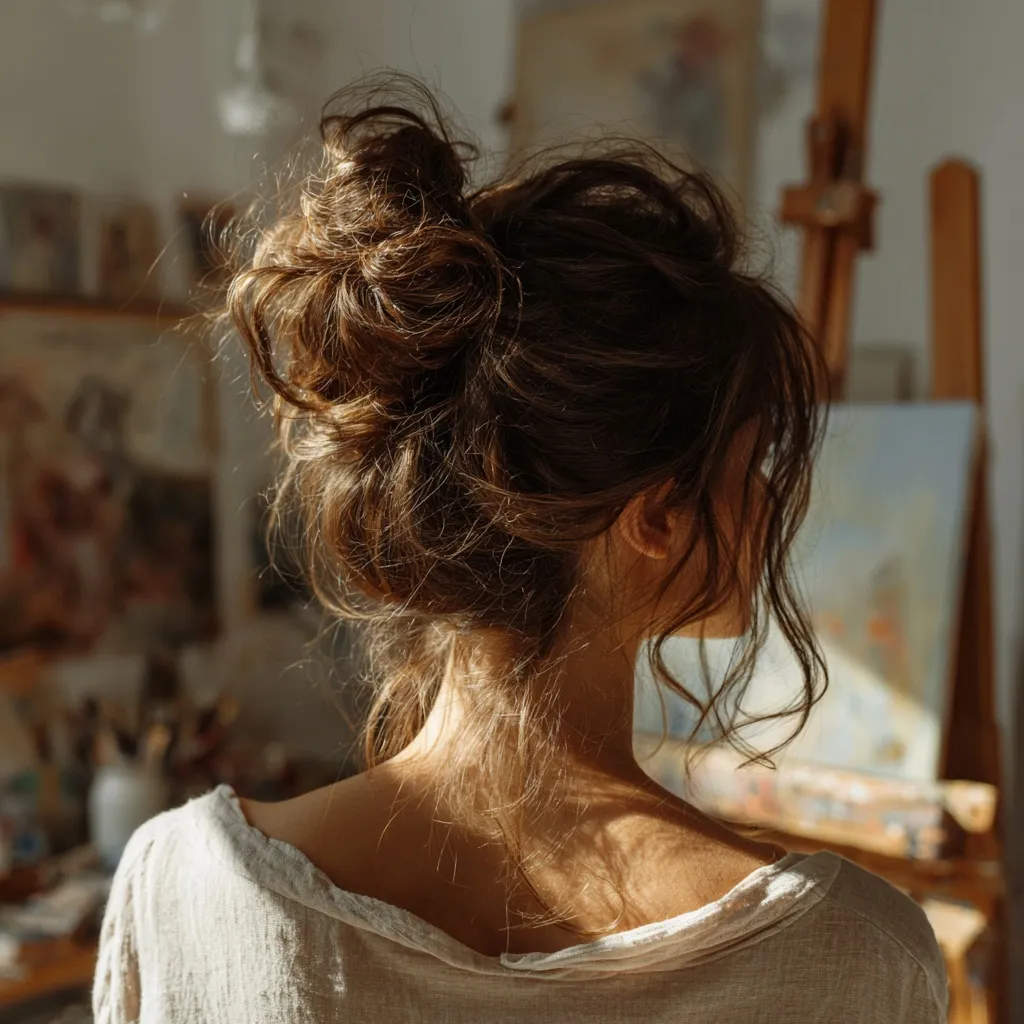 South Asian girl with a messy bun painting on canvas in a sunlit, artistic studio with pastel tones.