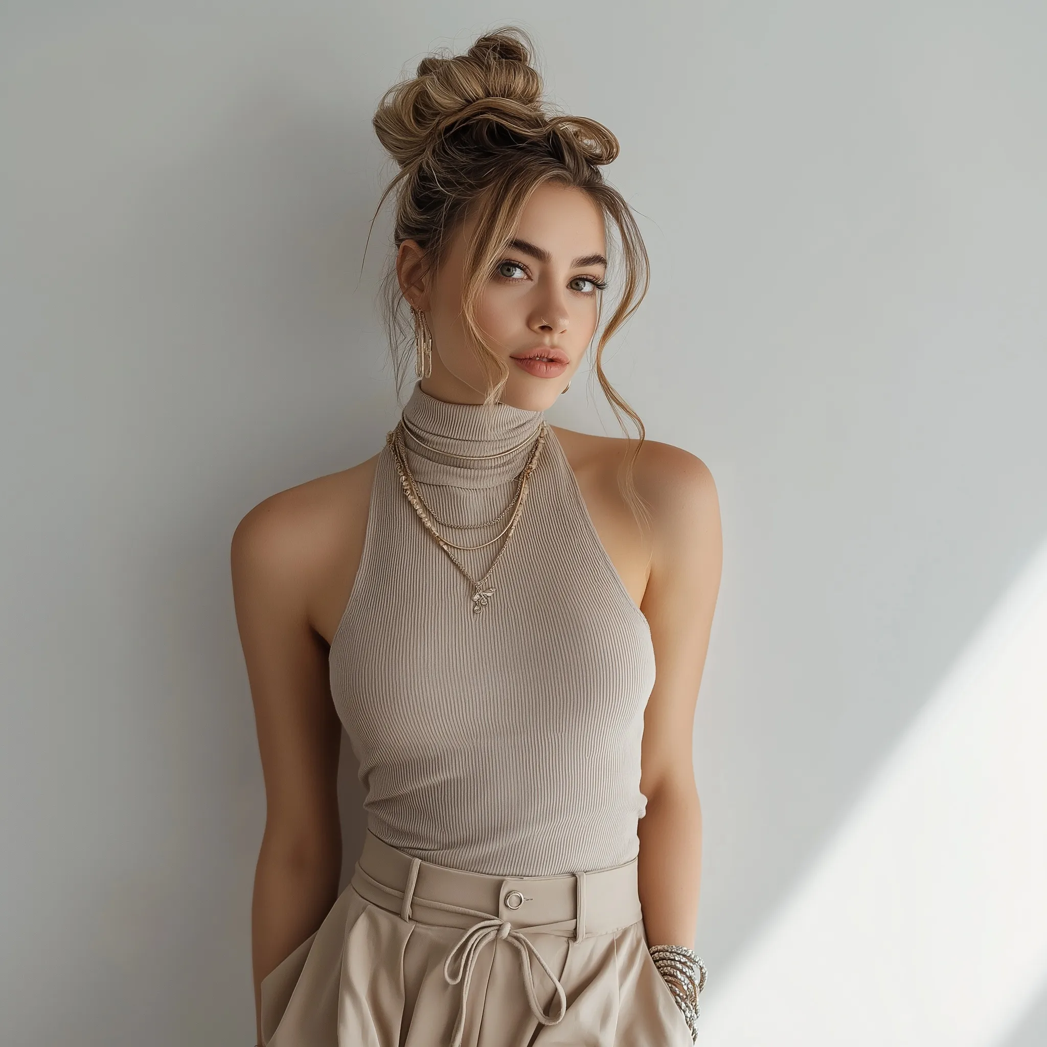 A beautiful young woman with a chic, effortless messy bun hairstyle wearing stylish neutral-toned clothing.