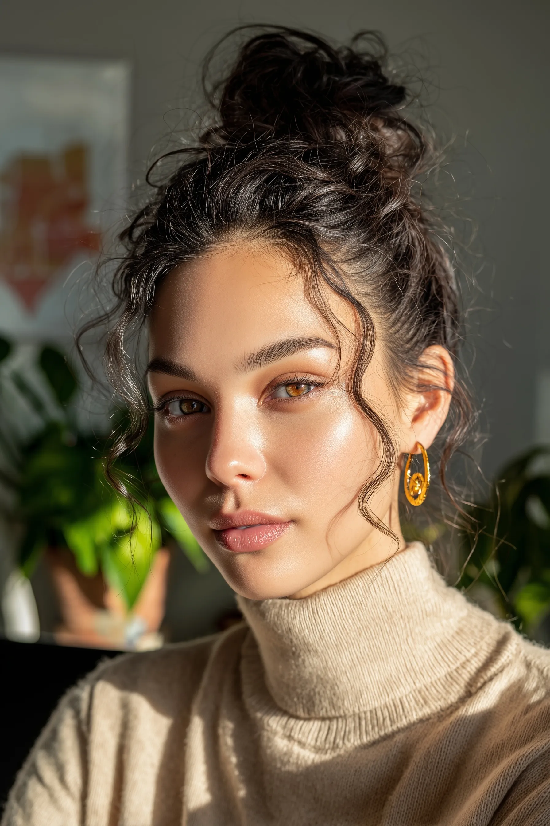 A 32-year-old female developer with a messy bun hairstyle, wearing gold hoops, in a modern minimalist home office.